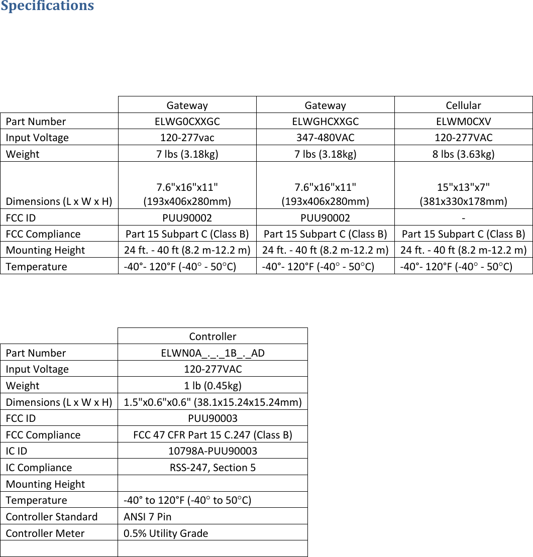 Specifications      Gateway Gateway Cellular Part Number ELWG0CXXGC ELWGHCXXGC ELWM0CXV Input Voltage 120-277vac 347-480VAC 120-277VAC Weight 7 lbs (3.18kg) 7 lbs (3.18kg) 8 lbs (3.63kg) Dimensions (L x W x H) 7.6&quot;x16&quot;x11&quot; (193x406x280mm)  7.6&quot;x16&quot;x11&quot; (193x406x280mm)  15&quot;x13&quot;x7&quot; (381x330x178mm) FCC ID PUU90002 PUU90002 - FCC Compliance Part 15 Subpart C (Class B) Part 15 Subpart C (Class B) Part 15 Subpart C (Class B) Mounting Height 24 ft. - 40 ft (8.2 m-12.2 m) 24 ft. - 40 ft (8.2 m-12.2 m) 24 ft. - 40 ft (8.2 m-12.2 m) Temperature -40°- 120°F (-40 - 50C) -40°- 120°F (-40 - 50C) -40°- 120°F (-40 - 50C)     Controller Part Number ELWN0A_._._1B_._AD Input Voltage 120-277VAC Weight 1 lb (0.45kg) Dimensions (L x W x H) 1.5&quot;x0.6&quot;x0.6&quot; (38.1x15.24x15.24mm) FCC ID PUU90003 FCC Compliance FCC 47 CFR Part 15 C.247 (Class B) IC ID 10798A-PUU90003 IC Compliance RSS-247, Section 5 Mounting Height   Temperature -40° to 120°F (-40 to 50C) Controller Standard ANSI 7 Pin Controller Meter 0.5% Utility Grade         