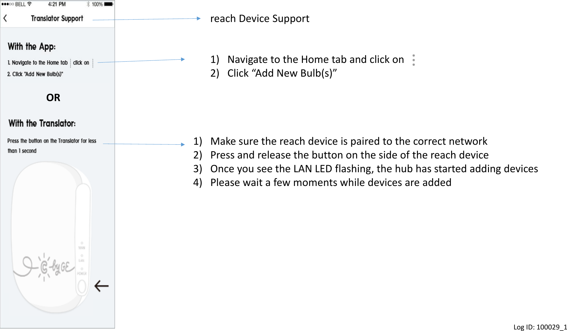 reach Device Support 1) Navigate to the Home tab and click on 2) Click “Add New Bulb(s)”  OR 1) Make sure the reach device is paired to the correct network 2) Press and release the button on the side of the reach device 3) Once you see the LAN LED flashing, the hub has started adding devices 4) Please wait a few moments while devices are added Log ID: 100029_1 