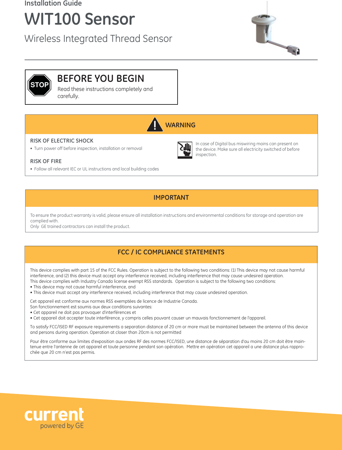 Page 1 of Savant Technologies GE Lighting a Savant WIT100 Wireless Integrated Thread Sensor User Manual WIT100 Install Manual English 031918