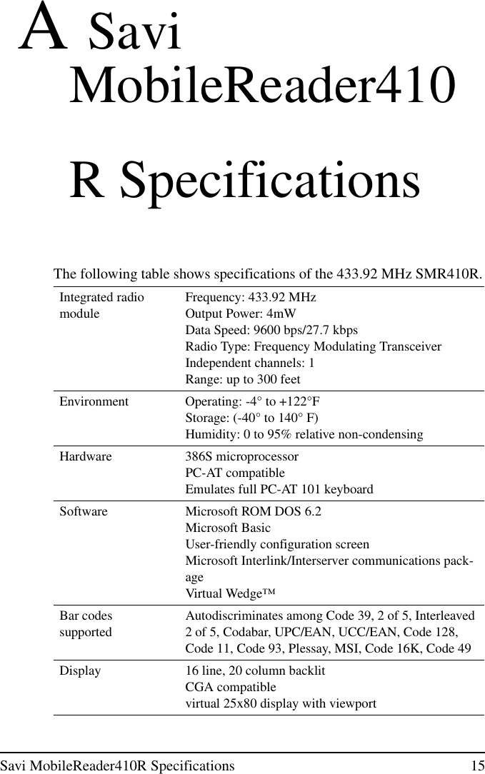 Savi MobileReader410R Specifications 15ASaviMobileReader410R SpecificationsThe following table shows specifications of the 433.92 MHz SMR410R.Integrated radiomoduleFrequency: 433.92 MHzOutput Power: 4mWData Speed: 9600 bps/27.7 kbpsRadio Type: Frequency Modulating TransceiverIndependent channels: 1Range: up to 300 feetEnvironment Operating: -4° to +122°FStorage: (-40° to 140° F)Humidity: 0 to 95% relative non-condensingHardware 386S microprocessorPC-AT compatibleEmulates full PC-AT 101 keyboardSoftware Microsoft ROM DOS 6.2Microsoft BasicUser-friendly configuration screenMicrosoft Interlink/Interserver communications pack-ageVirtual Wedge™Bar codessupportedAutodiscriminates among Code 39, 2 of 5, Interleaved2 of 5, Codabar, UPC/EAN, UCC/EAN, Code 128,Code 11, Code 93, Plessay, MSI, Code 16K, Code 49Display 16 line, 20 column backlitCGA compatiblevirtual 25x80 display with viewport