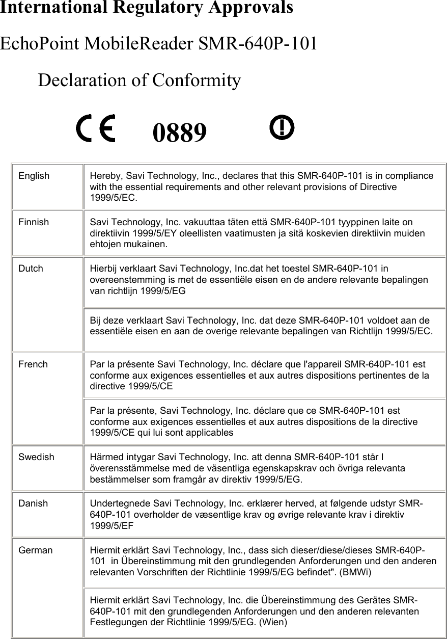 International Regulatory Approvals  EchoPoint MobileReader SMR-640P-101  Declaration of Conformity     0889     English  Hereby, Savi Technology, Inc., declares that this SMR-640P-101 is in compliance with the essential requirements and other relevant provisions of Directive 1999/5/EC. Finnish  Savi Technology, Inc. vakuuttaa täten että SMR-640P-101 tyyppinen laite on direktiivin 1999/5/EY oleellisten vaatimusten ja sitä koskevien direktiivin muiden ehtojen mukainen. Hierbij verklaart Savi Technology, Inc.dat het toestel SMR-640P-101 in overeenstemming is met de essentiële eisen en de andere relevante bepalingen van richtlijn 1999/5/EG Dutch Bij deze verklaart Savi Technology, Inc. dat deze SMR-640P-101 voldoet aan de essentiële eisen en aan de overige relevante bepalingen van Richtlijn 1999/5/EC. Par la présente Savi Technology, Inc. déclare que l&apos;appareil SMR-640P-101 est conforme aux exigences essentielles et aux autres dispositions pertinentes de la directive 1999/5/CE French Par la présente, Savi Technology, Inc. déclare que ce SMR-640P-101 est conforme aux exigences essentielles et aux autres dispositions de la directive 1999/5/CE qui lui sont applicables Swedish  Härmed intygar Savi Technology, Inc. att denna SMR-640P-101 står I överensstämmelse med de väsentliga egenskapskrav och övriga relevanta bestämmelser som framgår av direktiv 1999/5/EG. Danish  Undertegnede Savi Technology, Inc. erklærer herved, at følgende udstyr SMR-640P-101 overholder de væsentlige krav og øvrige relevante krav i direktiv 1999/5/EF Hiermit erklärt Savi Technology, Inc., dass sich dieser/diese/dieses SMR-640P-101  in Übereinstimmung mit den grundlegenden Anforderungen und den anderen relevanten Vorschriften der Richtlinie 1999/5/EG befindet&quot;. (BMWi) German Hiermit erklärt Savi Technology, Inc. die Übereinstimmung des Gerätes SMR-640P-101 mit den grundlegenden Anforderungen und den anderen relevanten Festlegungen der Richtlinie 1999/5/EG. (Wien) 