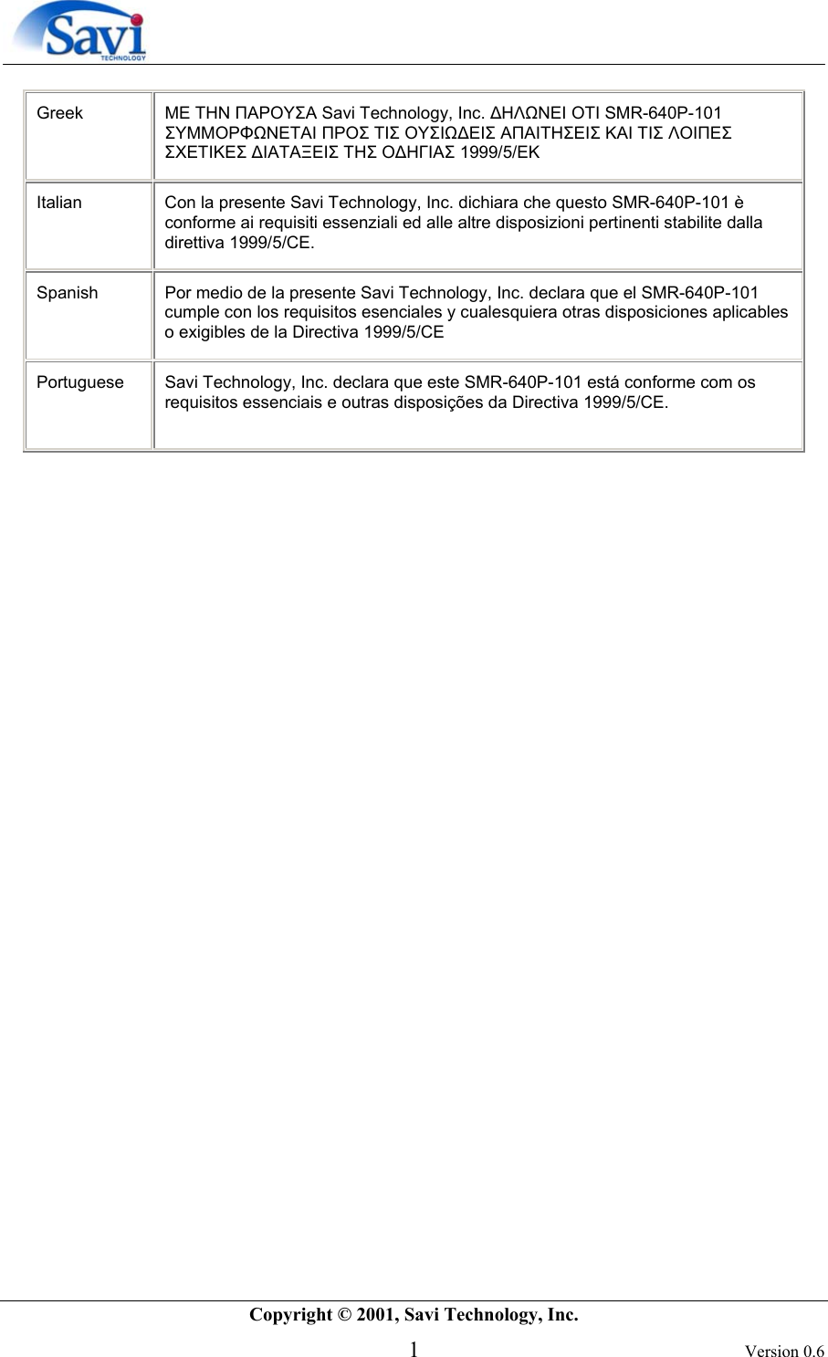        Copyright © 2001, Savi Technology, Inc.   1 Version 0.6 Greek  ΜΕ ΤΗΝ ΠΑΡΟΥΣΑ Savi Technology, Inc. ∆ΗΛΩΝΕΙ ΟΤΙ SMR-640P-101 ΣΥΜΜΟΡΦΩΝΕΤΑΙ ΠΡΟΣ ΤΙΣ ΟΥΣΙΩ∆ΕΙΣ ΑΠΑΙΤΗΣΕΙΣ ΚΑΙ ΤΙΣ ΛΟΙΠΕΣ ΣΧΕΤΙΚΕΣ ∆ΙΑΤΑΞΕΙΣ ΤΗΣ Ο∆ΗΓΙΑΣ 1999/5/ΕΚ Italian  Con la presente Savi Technology, Inc. dichiara che questo SMR-640P-101 è conforme ai requisiti essenziali ed alle altre disposizioni pertinenti stabilite dalla direttiva 1999/5/CE. Spanish  Por medio de la presente Savi Technology, Inc. declara que el SMR-640P-101 cumple con los requisitos esenciales y cualesquiera otras disposiciones aplicables o exigibles de la Directiva 1999/5/CE Portuguese  Savi Technology, Inc. declara que este SMR-640P-101 está conforme com os requisitos essenciais e outras disposições da Directiva 1999/5/CE.   