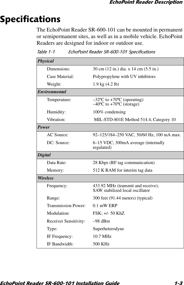 (FKR3RLQW5HDGHU&apos;HVFULSWLRQ(FKR3RLQW5HDGHU65,QVWDOODWLRQ*XLGH 6SHFLILFDWLRQVThe EchoPoint Reader SR-600-101 can be mounted in permanent or semipermanent sites, as well as in a mobile vehicle. EchoPoint Readers are designed for indoor or outdoor use. 7DEOH (FKR3RLQW5HDGHU656SHFLILFDWLRQVPhysicalDimensions: 30 cm (12 in.) dia. x 14 cm (5.5 in.)Case Material: Polypropylene with UV inhibitorsWeight: 1.9 kg (4.2 lb)EnvironmentalTemperature: –32ºC to +70ºC (operating)–40ºC to +70ºC (storage)Humidity: 100% condensingVibration:  MIL-STD-801E Method 514.4, Category 10PowerAC Source: 92–125/184–250 VAC, 50/60 Hz, 100 mA max.DC: Source: 6–15 VDC, 300mA average (internally regulated)DigitalData Rate: 28 Kbps (RF tag communication)Memory: 512 K RAM for interim tag dataWirelessFrequency: 433.92 MHz (transmit and receive); SAW stabilized local oscillatorRange: 300 feet (91.44 meters) (typical)Transmission Power: 0.1 mW ERPModulation: FSK; +/- 50 KhZReceiver Sensitivity: –98 dBmType: SuperheterodyneIF Frequency: 10.7 MHzIF Bandwidth: 500 KHz