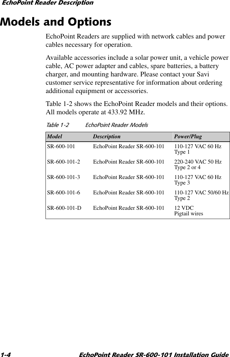 (FKR3RLQW5HDGHU&apos;HVFULSWLRQ (FKR3RLQW5HDGHU65,QVWDOODWLRQ*XLGH0RGHOVDQG2SWLRQVEchoPoint Readers are supplied with network cables and power cables necessary for operation.Available accessories include a solar power unit, a vehicle power cable, AC power adapter and cables, spare batteries, a battery charger, and mounting hardware. Please contact your Savi customer service representative for information about ordering additional equipment or accessories.Table 1-2 shows the EchoPoint Reader models and their options. All models operate at 433.92 MHz.7DEOH (FKR3RLQW5HDGHU0RGHOVModel Description Power/PlugSR-600-101 EchoPoint Reader SR-600-101 110-127 VAC 60 HzType 1SR-600-101-2 EchoPoint Reader SR-600-101 220-240 VAC 50 HzType 2 or 4SR-600-101-3 EchoPoint Reader SR-600-101 110-127 VAC 60 HzType 3SR-600-101-6 EchoPoint Reader SR-600-101 110-127 VAC 50/60 HzType 2SR-600-101-D EchoPoint Reader SR-600-101 12 VDCPigtail wires