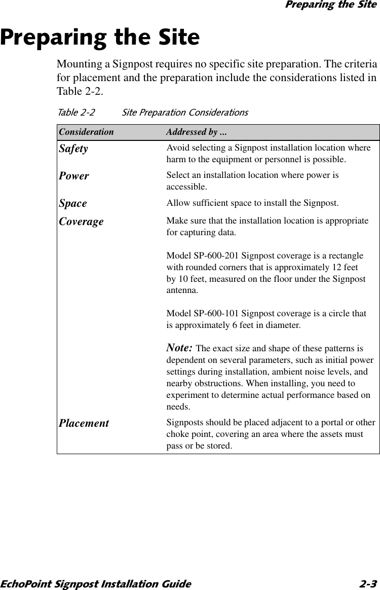 3UHSDULQJWKH6LWH(FKR3RLQW6LJQSRVW,QVWDOODWLRQ*XLGH 3UHSDULQJWKH6LWHMounting a Signpost requires no specific site preparation. The criteria for placement and the preparation include the considerations listed in Table 2-2.7DEOH 6LWH3UHSDUDWLRQ&amp;RQVLGHUDWLRQVConsideration Addressed by ...Safety Avoid selecting a Signpost installation location where harm to the equipment or personnel is possible.Power Select an installation location where power is accessible.Space Allow sufficient space to install the Signpost.Coverage Make sure that the installation location is appropriate for capturing data. Model SP-600-201 Signpost coverage is a rectangle with rounded corners that is approximately 12 feet by 10 feet, measured on the floor under the Signpost antenna. Model SP-600-101 Signpost coverage is a circle that is approximately 6 feet in diameter.Note: The exact size and shape of these patterns is dependent on several parameters, such as initial power settings during installation, ambient noise levels, and nearby obstructions. When installing, you need to experiment to determine actual performance based on needs.Placement Signposts should be placed adjacent to a portal or other choke point, covering an area where the assets must pass or be stored.