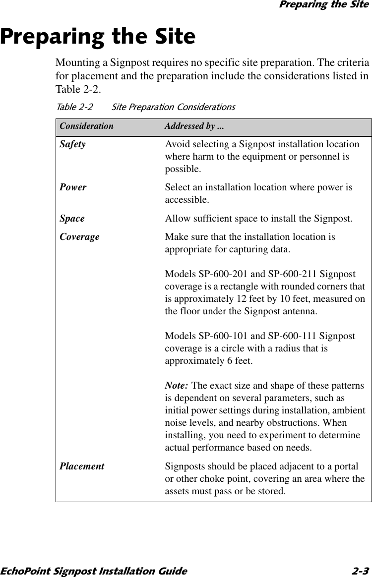 3UHSDULQJWKH6LWH(FKR3RLQW6LJQSRVW,QVWDOODWLRQ*XLGH 3UHSDULQJWKH6LWHMounting a Signpost requires no specific site preparation. The criteria for placement and the preparation include the considerations listed in Table 2-2.7DEOH 6LWH3UHSDUDWLRQ&amp;RQVLGHUDWLRQVConsideration Addressed by ...Safety Avoid selecting a Signpost installation location where harm to the equipment or personnel is possible.Power Select an installation location where power is accessible.Space Allow sufficient space to install the Signpost.Coverage Make sure that the installation location is appropriate for capturing data. Models SP-600-201 and SP-600-211 Signpost coverage is a rectangle with rounded corners that is approximately 12 feet by 10 feet, measured on the floor under the Signpost antenna. Models SP-600-101 and SP-600-111 Signpost coverage is a circle with a radius that is approximately 6 feet.Note: The exact size and shape of these patterns is dependent on several parameters, such as initial power settings during installation, ambient noise levels, and nearby obstructions. When installing, you need to experiment to determine actual performance based on needs.Placement Signposts should be placed adjacent to a portal or other choke point, covering an area where the assets must pass or be stored.