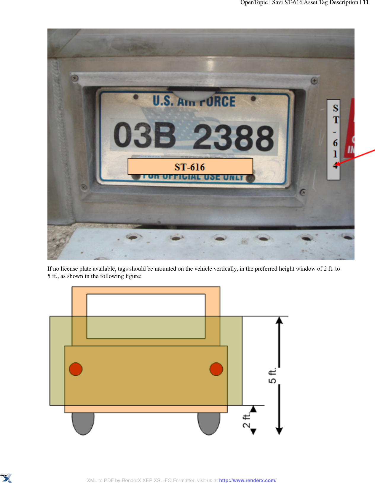 If no license plate available, tags should be mounted on the vehicle vertically, in the preferred height window of 2 ft. to5 ft., as shown in the following ﬁgure:OpenTopic | Savi ST-616 Asset Tag Description | 11XML to PDF by RenderX XEP XSL-FO Formatter, visit us at http://www.renderx.com/