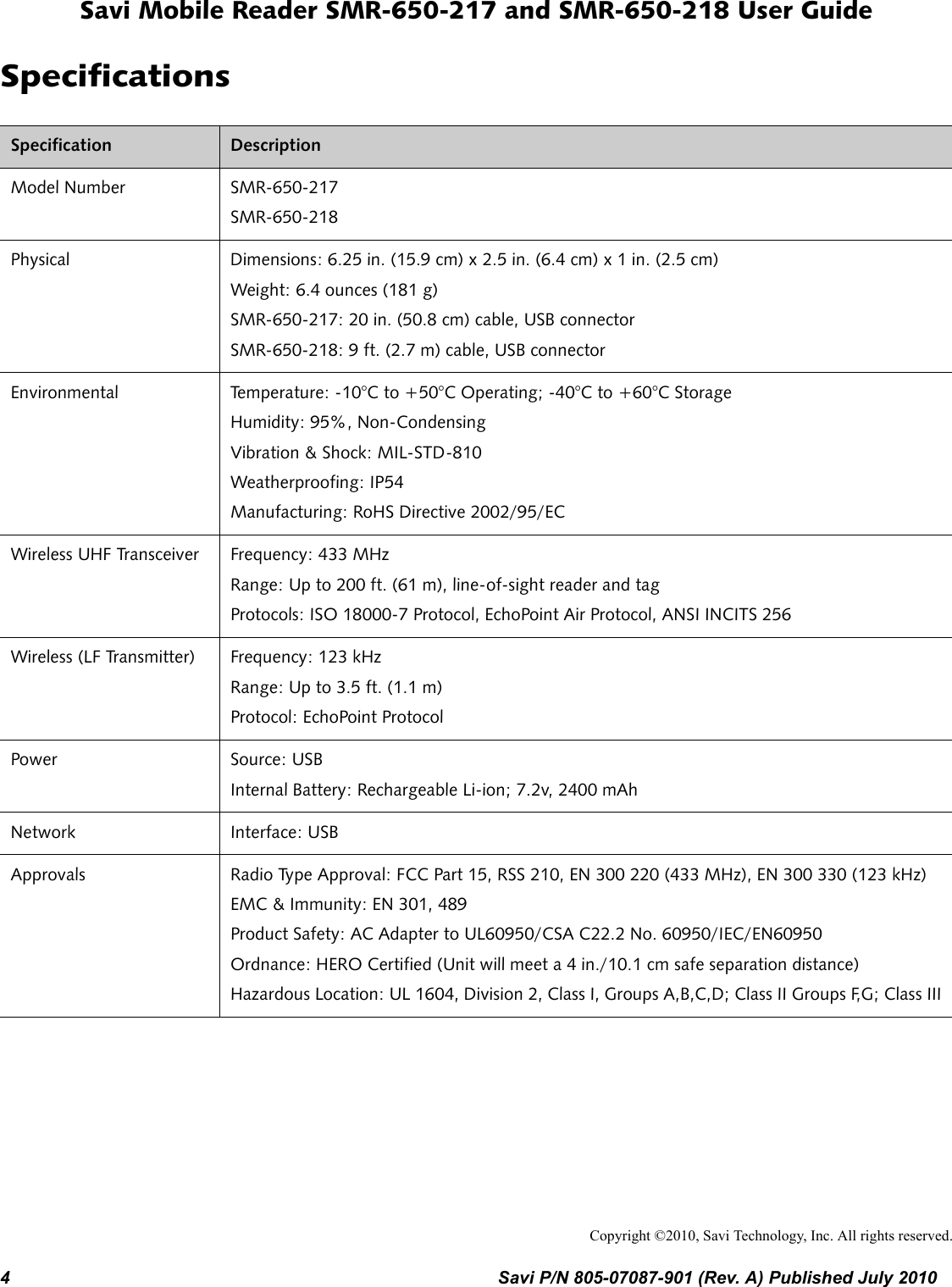 4 Savi P/N 805-07087-901 (Rev. A) Published July 2010Savi Mobile Reader SMR-650-217 and SMR-650-218 User GuideSpecificationsCopyright ©2010, Savi Technology, Inc. All rights reserved.Specification DescriptionModel Number SMR-650-217SMR-650-218Physical Dimensions: 6.25 in. (15.9 cm) x 2.5 in. (6.4 cm) x 1 in. (2.5 cm)Weight: 6.4 ounces (181 g)SMR-650-217: 20 in. (50.8 cm) cable, USB connectorSMR-650-218: 9 ft. (2.7 m) cable, USB connectorEnvironmental Temperature: -10°C to +50°C Operating; -40°C to +60°C StorageHumidity: 95%, Non-CondensingVibration &amp; Shock: MIL-STD-810Weatherproofing: IP54Manufacturing: RoHS Directive 2002/95/ECWireless UHF Transceiver Frequency: 433 MHzRange: Up to 200 ft. (61 m), line-of-sight reader and tag Protocols: ISO 18000-7 Protocol, EchoPoint Air Protocol, ANSI INCITS 256Wireless (LF Transmitter) Frequency: 123 kHzRange: Up to 3.5 ft. (1.1 m)Protocol: EchoPoint ProtocolPower Source: USBInternal Battery: Rechargeable Li-ion; 7.2v, 2400 mAhNetwork Interface: USBApprovals Radio Type Approval: FCC Part 15, RSS 210, EN 300 220 (433 MHz), EN 300 330 (123 kHz)EMC &amp; Immunity: EN 301, 489Product Safety: AC Adapter to UL60950/CSA C22.2 No. 60950/IEC/EN60950Ordnance: HERO Certified (Unit will meet a 4 in./10.1 cm safe separation distance)Hazardous Location: UL 1604, Division 2, Class I, Groups A,B,C,D; Class II Groups F,G; Class III