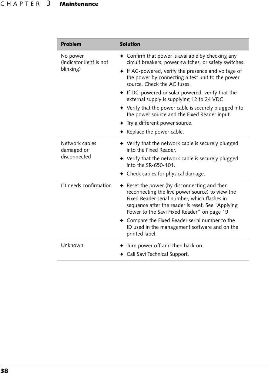 CHAPTER 3 Maintenance38Problem SolutionNo power  (indicator light is not blinking)✦Confirm that power is available by checking any circuit breakers, power switches, or safety switches.✦If AC-powered, verify the presence and voltage of the power by connecting a test unit to the power source. Check the AC fuses.✦If DC-powered or solar powered, verify that the external supply is supplying 12 to 24 VDC.✦Verify that the power cable is securely plugged into the power source and the Fixed Reader input.✦Try a different power source.✦Replace the power cable.Network cables damaged or  disconnected✦Verify that the network cable is securely plugged into the Fixed Reader.✦Verify that the network cable is securely plugged into the SR-650-101.✦Check cables for physical damage.ID needs confirmation ✦Reset the power (by disconnecting and then reconnecting the live power source) to view the Fixed Reader serial number, which flashes in sequence after the reader is reset. See “Applying Power to the Savi Fixed Reader” on page 19✦Compare the Fixed Reader serial number to the ID used in the management software and on the printed label.Unknown ✦Turn power off and then back on.✦Call Savi Technical Support.