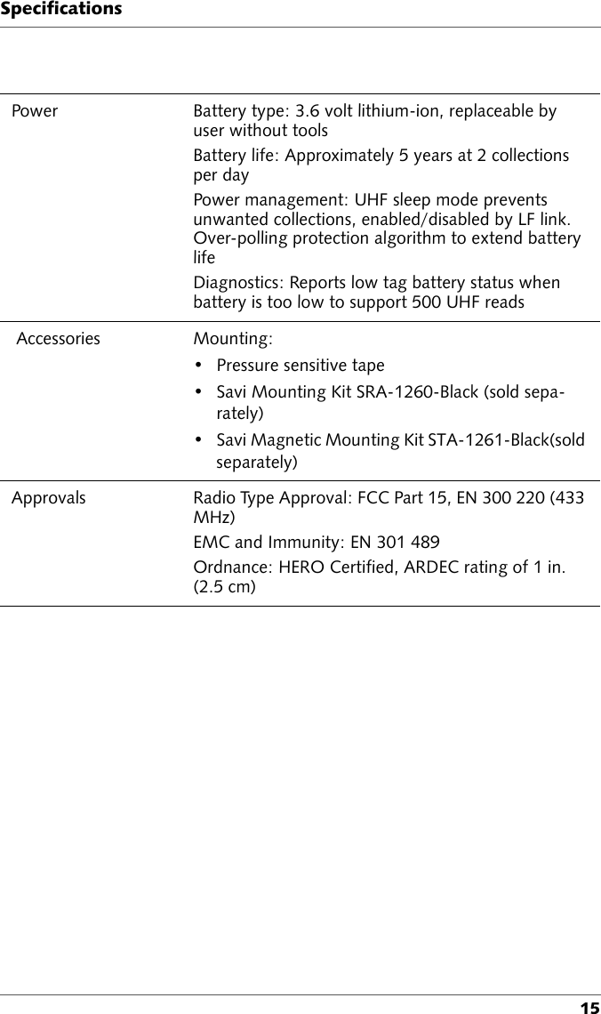 Specifications15Power Battery type: 3.6 volt lithium-ion, replaceable by user without toolsBattery life: Approximately 5 years at 2 collections per dayPower management: UHF sleep mode prevents unwanted collections, enabled/disabled by LF link. Over-polling protection algorithm to extend battery lifeDiagnostics: Reports low tag battery status when battery is too low to support 500 UHF reads Accessories Mounting: • Pressure sensitive tape• Savi Mounting Kit SRA-1260-Black (sold sepa-rately)• Savi Magnetic Mounting Kit STA-1261-Black(sold separately)Approvals Radio Type Approval: FCC Part 15, EN 300 220 (433 MHz)EMC and Immunity: EN 301 489Ordnance: HERO Certified, ARDEC rating of 1 in. (2.5 cm)