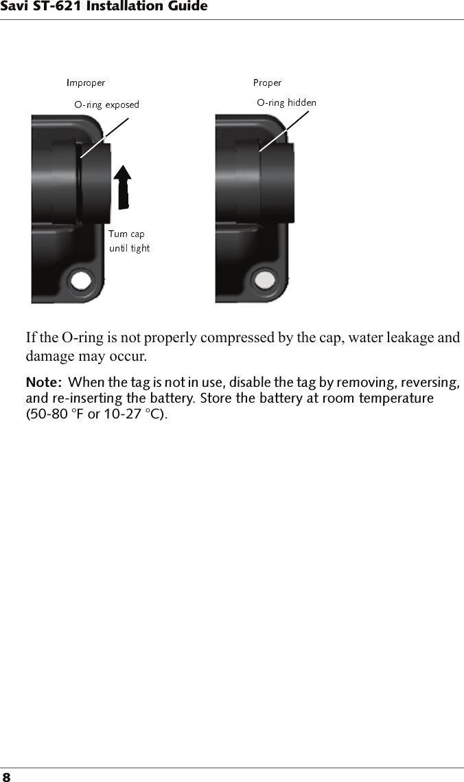 If the O-ring is not properly compressed by the cap, water leakage and damage may occur. !&quot;#