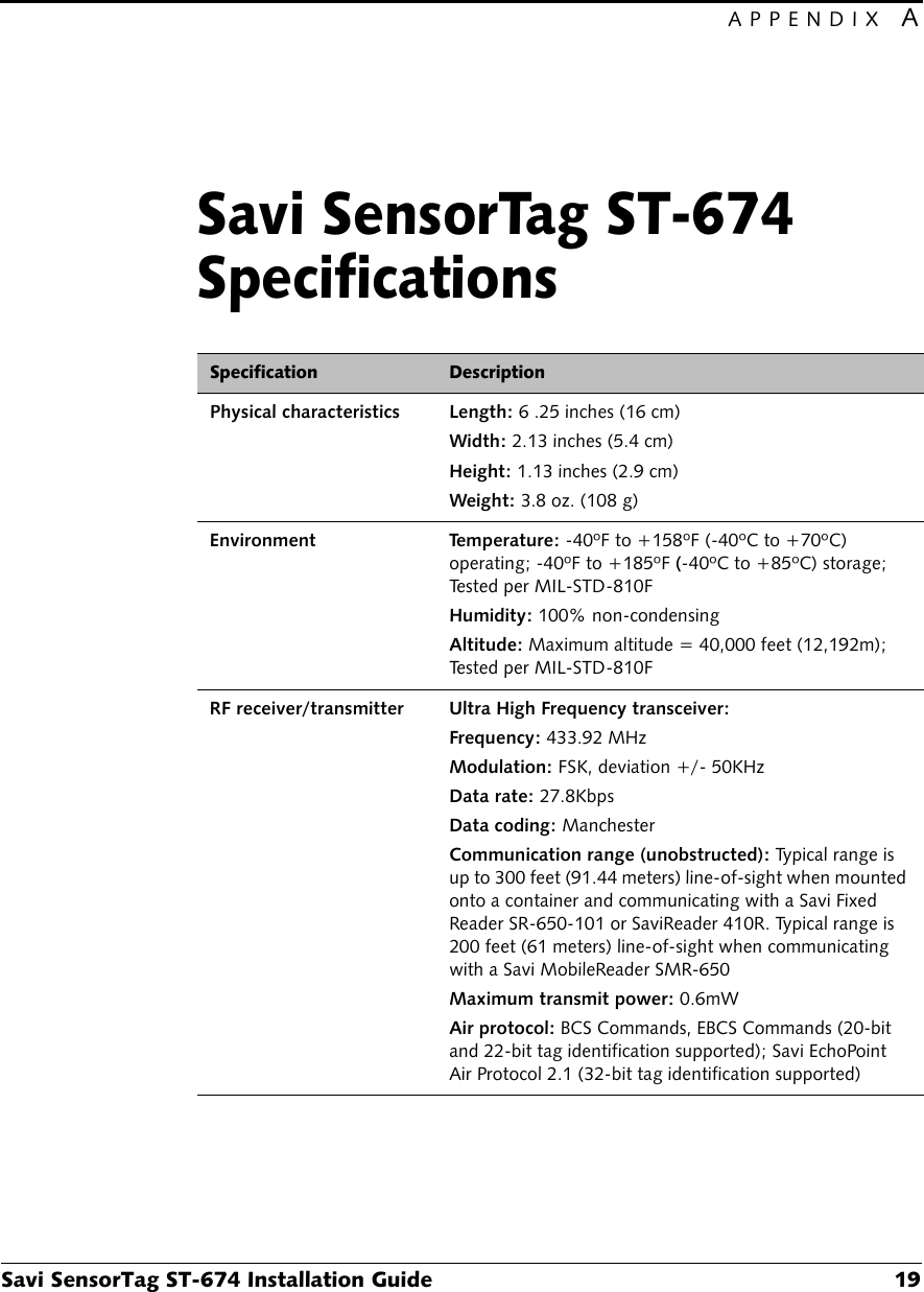 APPENDIX ASavi SensorTag ST-674 Installation Guide 19Savi SensorTag ST-674 SpecificationsASpecification DescriptionPhysical characteristics Length: 6 .25 inches (16 cm)Width: 2.13 inches (5.4 cm)Height: 1.13 inches (2.9 cm)Weight: 3.8 oz. (108 g)Environment Temperature: -40ºF to +158ºF (-40ºC to +70ºC) operating; -40ºF to +185ºF (-40ºC to +85ºC) storage; Tested per MIL-STD-810FHumidity: 100% non-condensingAltitude: Maximum altitude = 40,000 feet (12,192m); Tested per MIL-STD-810FRF receiver/transmitter Ultra High Frequency transceiver:Frequency: 433.92 MHzModulation: FSK, deviation +/- 50KHzData rate: 27.8KbpsData coding: ManchesterCommunication range (unobstructed): Typical range is up to 300 feet (91.44 meters) line-of-sight when mounted onto a container and communicating with a Savi Fixed Reader SR-650-101 or SaviReader 410R. Typical range is 200 feet (61 meters) line-of-sight when communicating with a Savi MobileReader SMR-650Maximum transmit power: 0.6mWAir protocol: BCS Commands, EBCS Commands (20-bit and 22-bit tag identification supported); Savi EchoPoint Air Protocol 2.1 (32-bit tag identification supported)