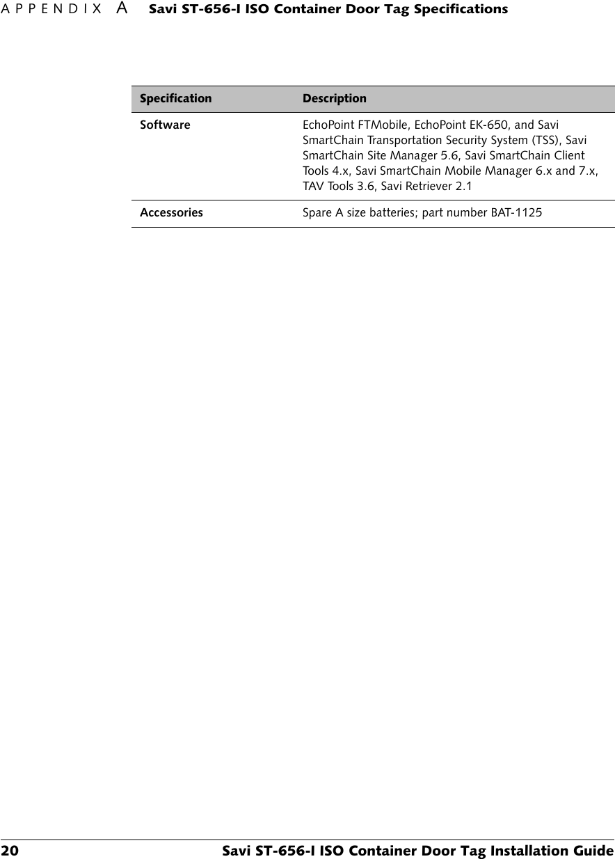 APPENDIX ASavi ST-656-I ISO Container Door Tag Specifications20 Savi ST-656-I ISO Container Door Tag Installation GuideSoftware EchoPoint FTMobile, EchoPoint EK-650, and Savi SmartChain Transportation Security System (TSS), Savi SmartChain Site Manager 5.6, Savi SmartChain Client Tools 4.x, Savi SmartChain Mobile Manager 6.x and 7.x, TAV Tools 3.6, Savi Retriever 2.1Accessories Spare A size batteries; part number BAT-1125Specification Description