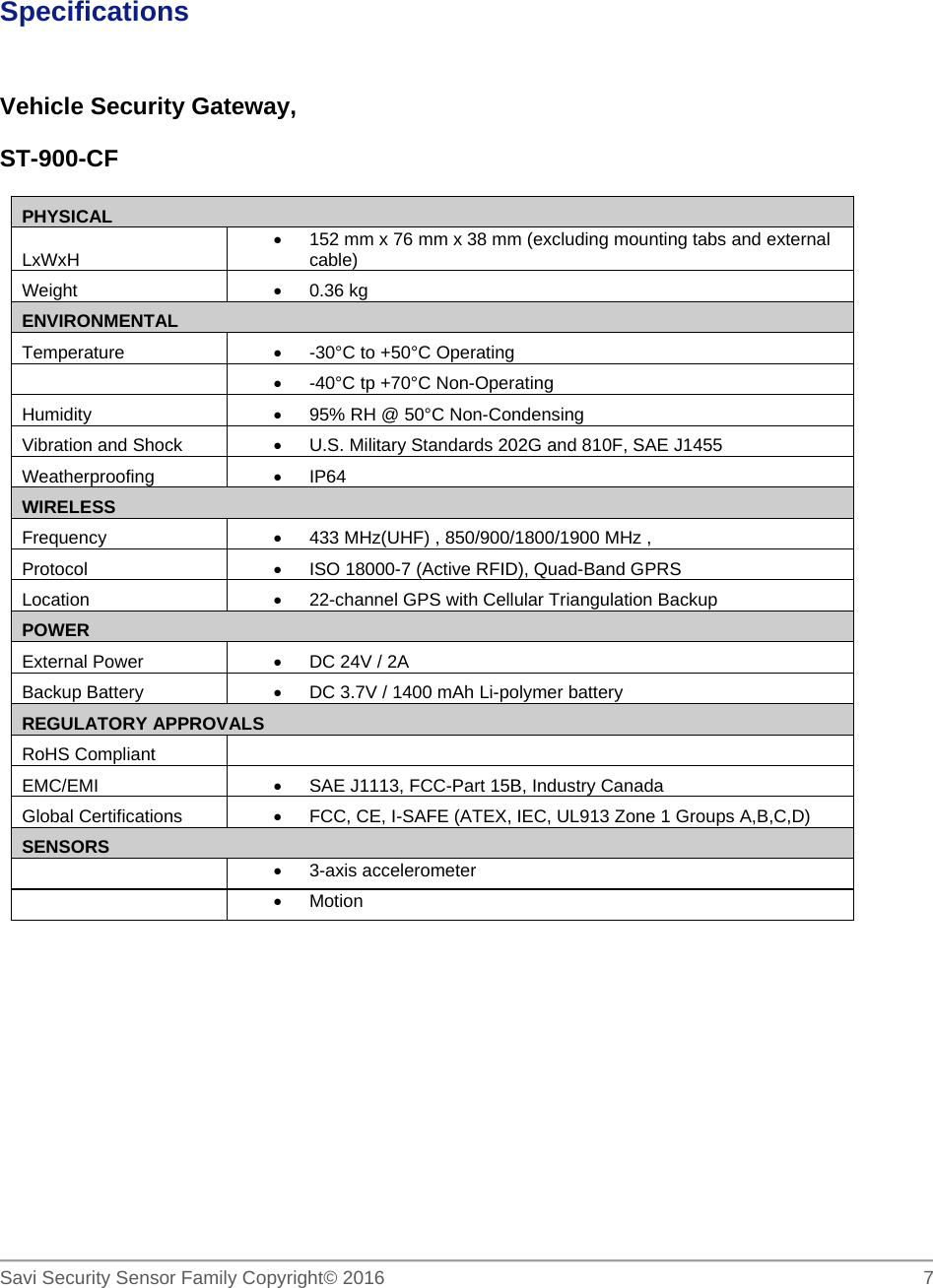   Savi Security Sensor Family Copyright© 2016     7   Specifications  Vehicle Security Gateway,  ST-900-CF PHYSICAL LxWxH   152 mm x 76 mm x 38 mm (excluding mounting tabs and external cable) Weight   0.36 kg ENVIRONMENTAL Temperature    -30°C to +50°C Operating    -40°C tp +70°C Non-Operating Humidity    95% RH @ 50°C Non-Condensing Vibration and Shock    U.S. Military Standards 202G and 810F, SAE J1455 Weatherproofing   IP64 WIRELESS Frequency    433 MHz(UHF) , 850/900/1800/1900 MHz , Protocol    ISO 18000-7 (Active RFID), Quad-Band GPRS Location    22-channel GPS with Cellular Triangulation Backup POWER External Power    DC 24V / 2A Backup Battery    DC 3.7V / 1400 mAh Li-polymer battery REGULATORY APPROVALS RoHS Compliant  EMC/EMI    SAE J1113, FCC-Part 15B, Industry Canada Global Certifications    FCC, CE, I-SAFE (ATEX, IEC, UL913 Zone 1 Groups A,B,C,D) SENSORS   3-axis accelerometer   Motion   