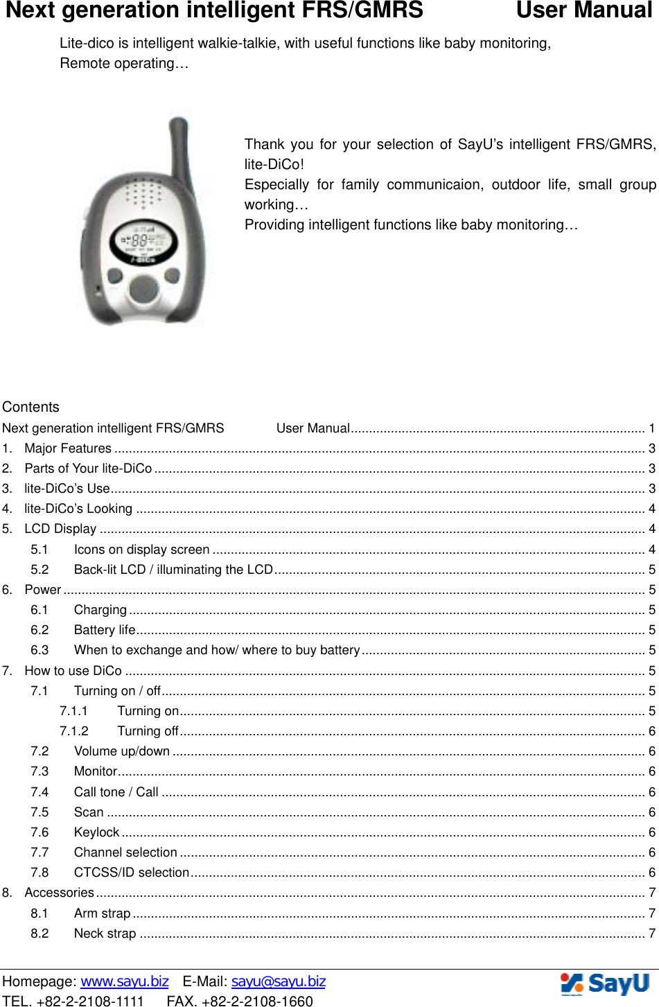 SayU DICOXA1500 GMRS/FRS Radio Transceiver User Manual