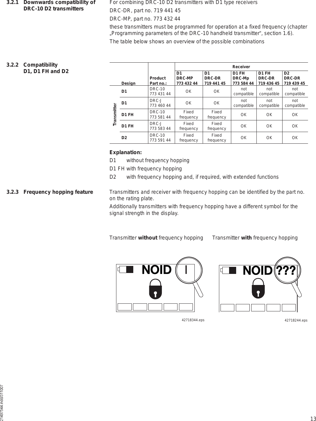 133.2.1 Downwards compatibility of DRC-10 D2 transmitters For combining DRC-10 D2 transmitters with D1 type receivers DRC-DR, part no. 719 441 45DRC-MP, part no. 773 432 44these transmitters must be programmed for operation at a fixed frequency (chapter #Programming parameters of the DRC-10 handheld transmitter!, section 1.6). The table below shows an overview of the possible combinations 3.2.2 Compatibility D1, D1 FH and D2Design ProductPart no.:ReceiverD1DRC-MP773 432 44D1DRC-DR719 441 45D1 FHDRC-Mp773 584 44D1 FHDRC-DR719 436 45D2DRC-DR719 439 45D1 DRC-10773 431 44 OKOK notcompatible notcompatible notcompatibleD1 DRC-J773 460 44 OKOK notcompatible notcompatible notcompatibleD1 FH DRC-10773 581 44 Fixedfrequency Fixedfrequency OKOKOKD1 FH DRC-J773 583 44 Fixedfrequency Fixedfrequency OKOKOKD2 DRC-10773 591 44 Fixedfrequency Fixedfrequency OKOKOKExplanation:D1 without frequency hoppingD1 FH with frequency hoppingD2 with frequency hopping and, if required, with extended functionsTransmitters and receiver with frequency hopping can be identified by the part no. on the rating plate. Additionally transmitters with frequency hopping have a different symbol for the signal strength in the display.3.2.3 Frequency hopping featureTransmitter without frequency hopping Transmitter with frequency hoppingÒÑ×Ü áááÒÑ×Ü42718244.eps42718344.eps