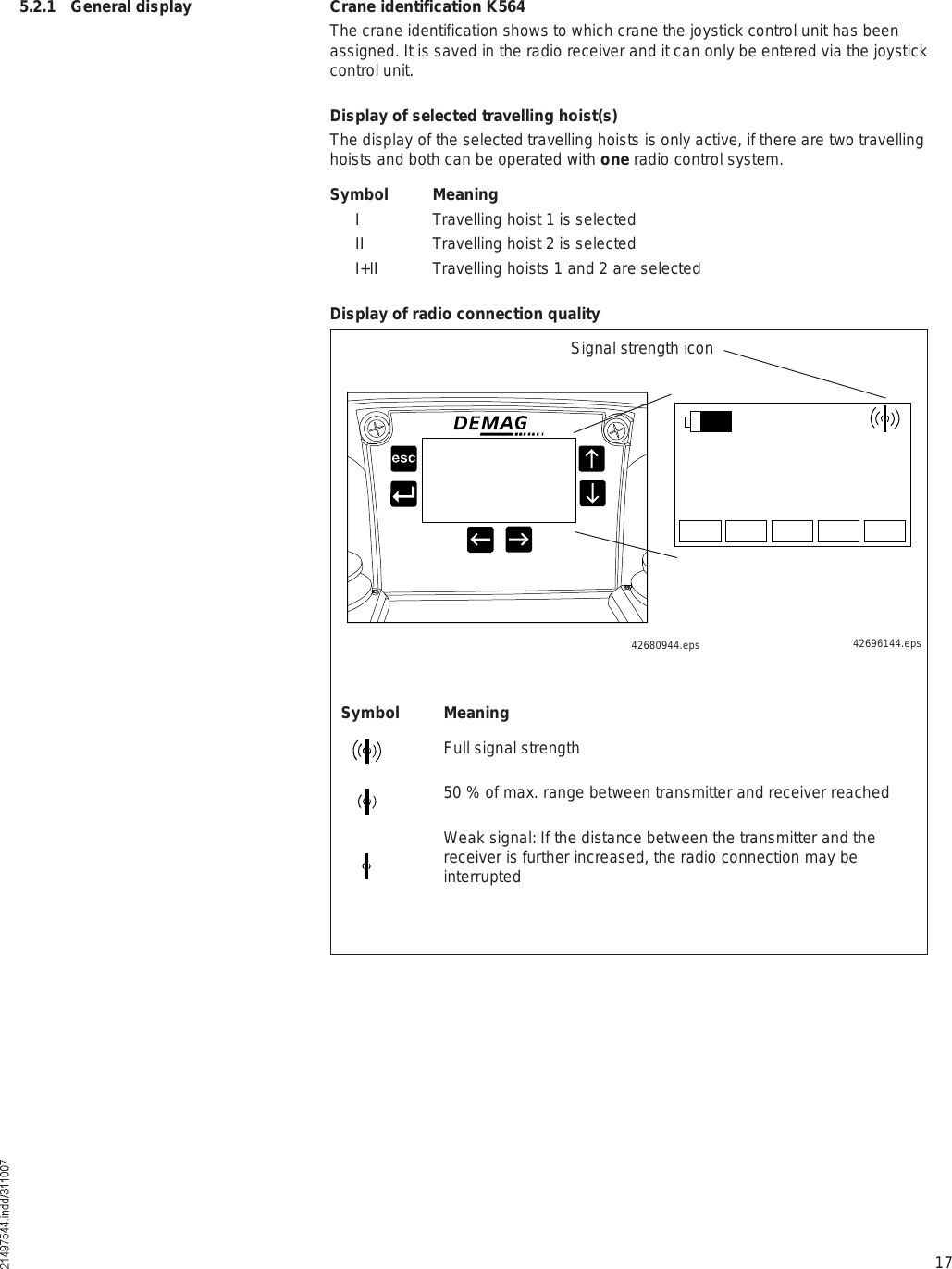 17Crane identification K564The crane identification shows to which crane the joystick control unit has been assigned. It is saved in the radio receiver and it can only be entered via the joystick control unit.Display of selected travelling hoist(s)The display of the selected travelling hoists is only active, if there are two travelling hoists and both can be operated with one radio control system.Symbol Meaning I Travelling hoist 1 is selected II Travelling hoist 2 is selected I+II Travelling hoists 1 and 2 are selectedDisplay of radio connection quality5.2.1 General displaySymbol Meaning  Full signal strength  50 % of max. range between transmitter and receiver reached  Weak signal: If the distance between the transmitter and the receiver is further increased, the radio connection may be interrupted42680944.epsSignal strength icon42696144.eps