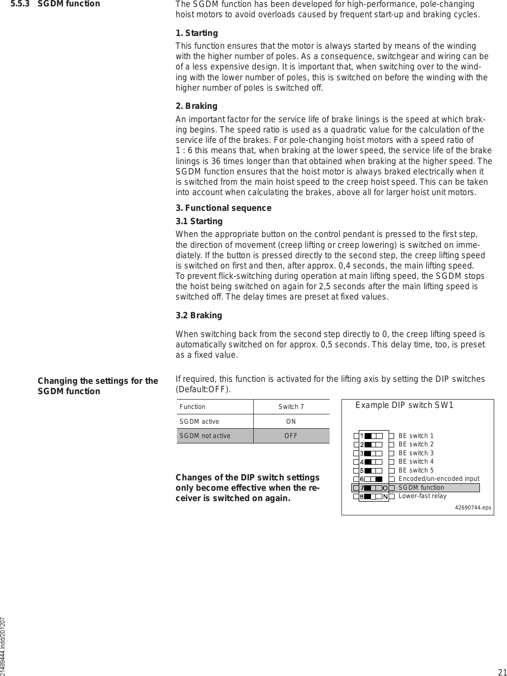 21 Changing the settings for the SGDM functionFunctionSwitch 7SGDM activeONSGDM not activeOFF42690744.epsExample DIP switch SW1Changes of the DIP switch settings only become effective when the re-ceiver is switched on again.The SGDM function has been developed for high-performance, pole-changing hoist motors to avoid overloads caused by frequent start-up and braking cycles.1. StartingThis function ensures that the motor is always started by means of the winding with the higher number of poles. As a consequence, switchgear and wiring can be of a less expensive design. It is important that, when switching over to the wind-ing with the lower number of poles, this is switched on before the winding with the higher number of poles is switched off.2. BrakingAn important factor for the service life of brake linings is the speed at which brak-ing begins. The speed ratio is used as a quadratic value for the calculation of the service life of the brakes. For pole-changing hoist motors with a speed ratio of 1 : 6 this means that, when braking at the lower speed, the service life of the brake linings is 36 times longer than that obtained when braking at the higher speed. The SGDM function ensures that the hoist motor is always braked electrically when it is switched from the main hoist speed to the creep hoist speed. This can be taken into account when calculating the brakes, above all for larger hoist unit motors.3. Functional sequence3.1 StartingWhen the appropriate button on the control pendant is pressed to the first step, the direction of movement (creep lifting or creep lowering) is switched on imme-diately. If the button is pressed directly to the second step, the creep lifting speed is switched on first and then, after approx. 0,4 seconds, the main lifting speed. To prevent flick-switching during operation at main lifting speed, the SGDM stops the hoist being switched on again for 2,5 seconds after the main lifting speed is switched off. The delay times are preset at fixed values.3.2 BrakingWhen switching back from the second step directly to 0, the creep lifting speed is automatically switched on for approx. 0,5 seconds. This delay time, too, is preset as a fixed value.If required, this function is activated for the lifting axis by setting the DIP switches (Default:OFF).5.5.3 SGDM functionBE switch 1BE switch 2BE switch 3BE switch 4BE switch 5Encoded/un-encoded inputSGDM functionLower-fast relay