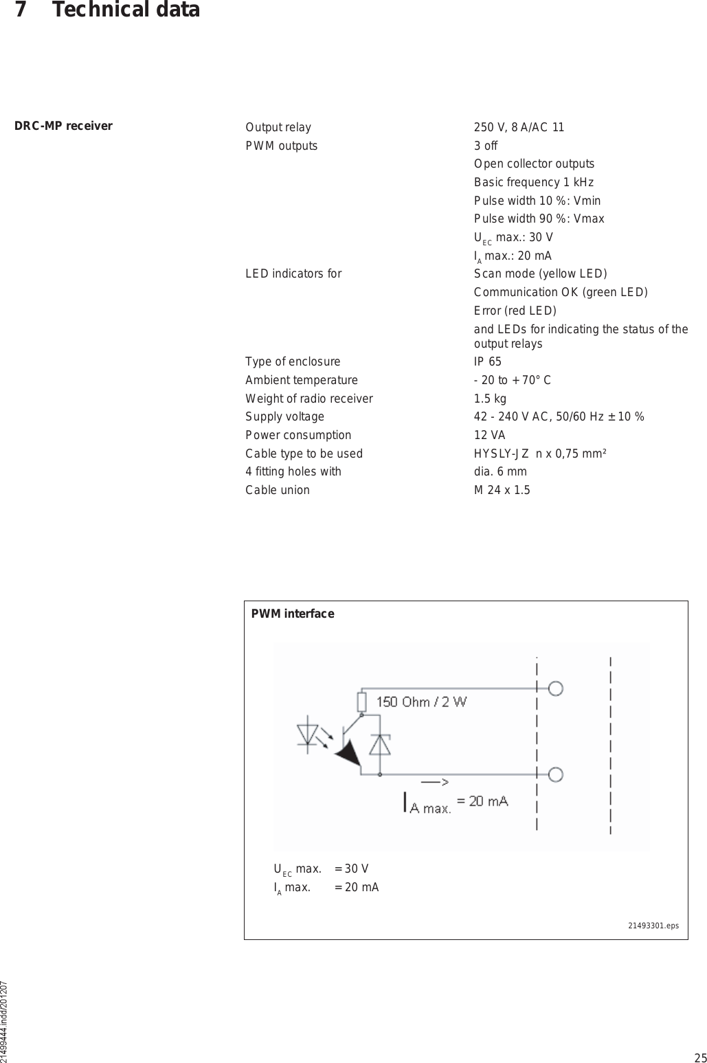 257 Technical dataOutput relay  250 V, 8 A/AC 11PWM outputs 3 off  Open collector outputs  Basic frequency 1 kHz  Pulse width 10 %: Vmin  Pulse width 90 %: Vmax  UEC max.: 30 V  IA max.: 20 mALED indicators for Scan mode (yellow LED)  Communication OK (green LED)  Error (red LED)  and LEDs for indicating the status of the output relaysType of enclosure IP 65Ambient temperature - 20 to + 70° CWeight of radio receiver 1.5 kgSupply voltage 42 - 240 V AC, 50/60 Hz ± 10 %Power consumption 12 VACable type to be used HYSLY-JZ  n x 0,75 mm²4 fitting holes with dia. 6 mmCable union M 24 x 1.5DRC-MP receiver21493301.epsPWM interfaceUEC max. = 30 VIA max. = 20 mA