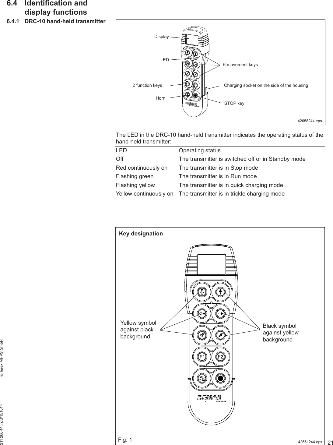 21211 266 44.indd/151014    © Terex MHPS GmbH6.4 Identification and display functions6.4.1  DRC-10 hand-held transmitterThe LED in the DRC-10 hand-held transmitter indicates the operating status of the hand-held transmitter:LED Operating statusOff  The transmitter is switched off or in Standby modeRed continuously on  The transmitter is in Stop modeFlashing green  The transmitter is in Run modeFlashing yellow  The transmitter is in quick charging modeYellow continuously on  The transmitter is in trickle charging modeDisplayLEDCharging socket on the side of the housingSTOP key42658244.eps6 movement keys2 function keysHorn42661244.epsYellow symbol against black backgroundBlack symbol against yellow backgroundFig. 1Key designation