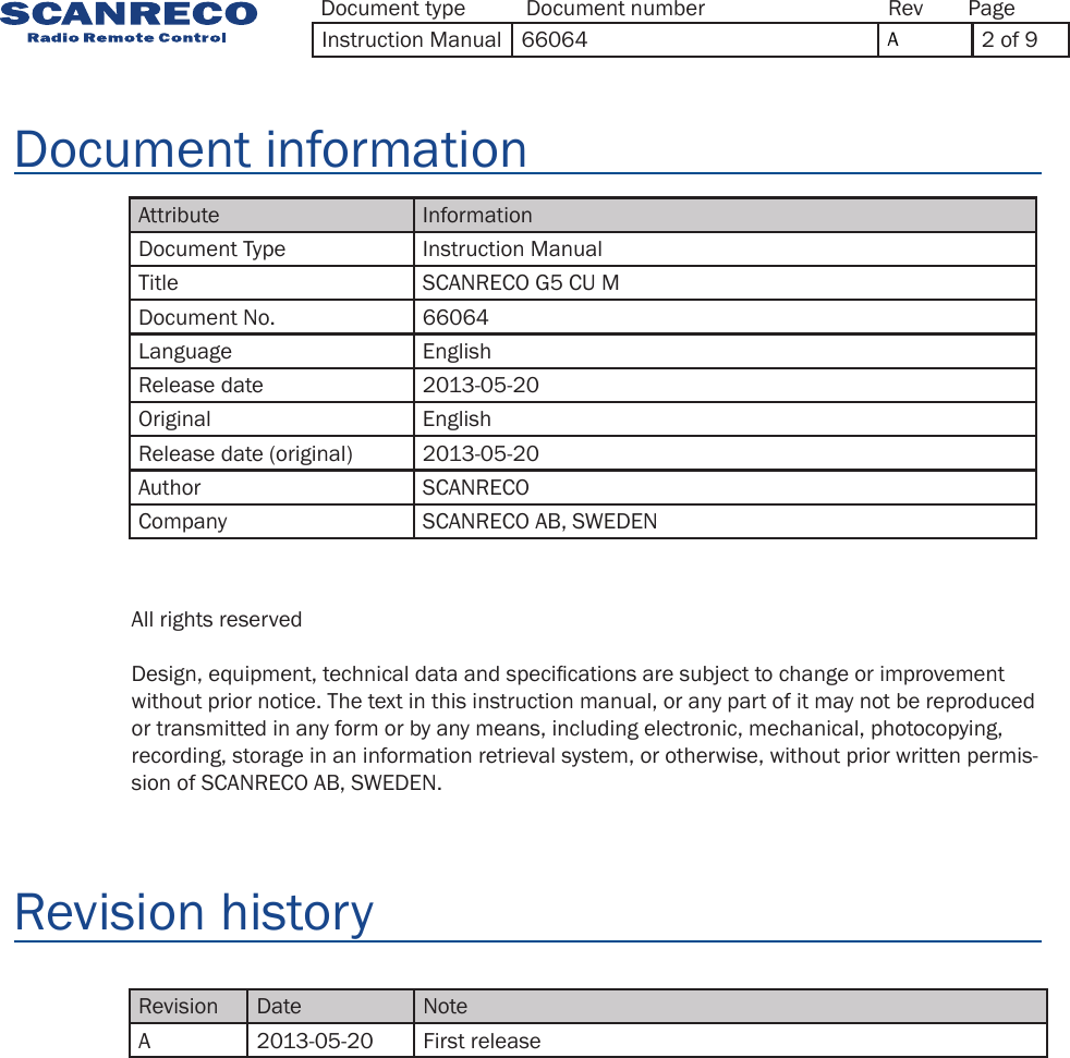 Attribute InformationDocument Type Instruction ManualTitle SCANRECO G5 CU MDocument No. 66064Language EnglishRelease date 2013-05-20Original EnglishRelease date (original) 2013-05-20Author SCANRECOCompany SCANRECO AB, SWEDENRevision Date NoteA 2013-05-20 First releaseDocument informationRevision historyAll rights reservedDesign, equipment, technical data and specications are subject to change or improvement without prior notice. The text in this instruction manual, or any part of it may not be reproduced or transmitted in any form or by any means, including electronic, mechanical, photocopying, recording, storage in an information retrieval system, or otherwise, without prior written permis-sion of SCANRECO AB, SWEDEN.Document type Document number PageRevInstruction Manual 66064 A2 of 9