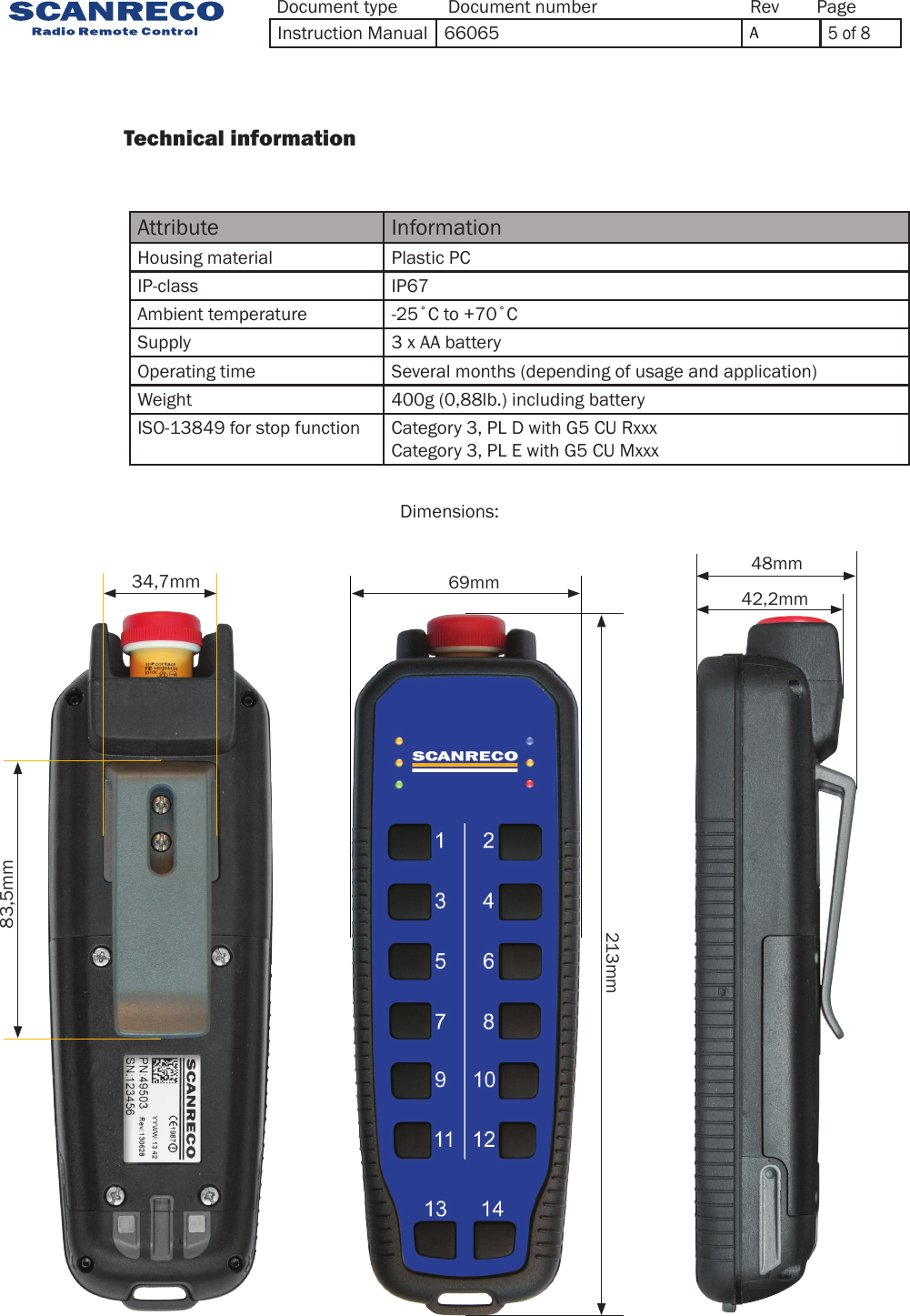 48mm42,2mm213mm69mmAttribute InformationHousing material Plastic PCIP-class IP67Ambient temperature -25˚C to +70˚CSupply 3 x AA batteryOperating time Several months (depending of usage and application)Weight 400g (0,88lb.) including batteryISO-13849 for stop function Category 3, PL D with G5 CU RxxxCategory 3, PL E with G5 CU MxxxDimensions:34,7mm83,5mm                  Technical information                 Document type Document number PageRevInstruction Manual 66065 A5 of 8