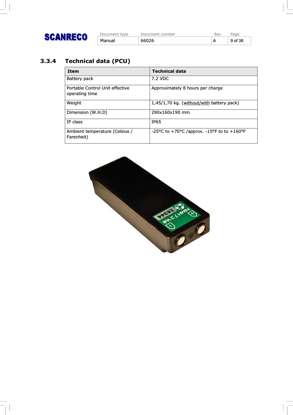 Document type Document number Rev PageManual 66026 A 9 of 383.3.4 Technical data (PCU)Item Technical dataBattery pack 7.2 VDCPortable Control Unit effectiveoperating timeApproximately 8 hours per chargeWeight 1,45/1,70 kg. (without/with battery pack)Dimension (W.H.D) 290x160x190 mmIP class IP65Ambient temperature (Celsius / Farenheit)-25°C to +70°C /approx. -15°F to to +160°F