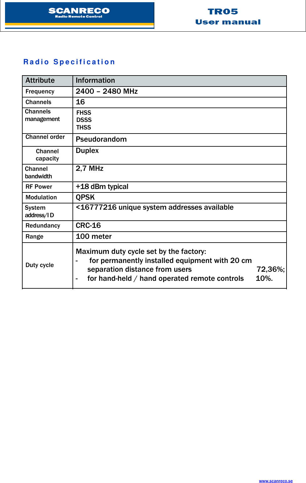 TR05U s e r m a n u a lwww.scanreco.seR a d i o S p e c i f i c a t i o nAttributeInformationFrequency2400–2480MHzChannels16ChannelsmanagementFHSSDSSSTHSSChannel orderPseudorandomChannelcapacityDuplexChannelbandwidth2,7 MHzRF Power+18dBm typicalModulationQPSKSystemaddress/I D&lt;16777216 unique system addresses availableRedundancyCRC-16Range100 meterDuty cycleMaximum duty cycle set by the factory:- for permanently installed equipment with 20 cmseparation distance from users 72,36%;- for hand-held / hand operated remote controls 10%.