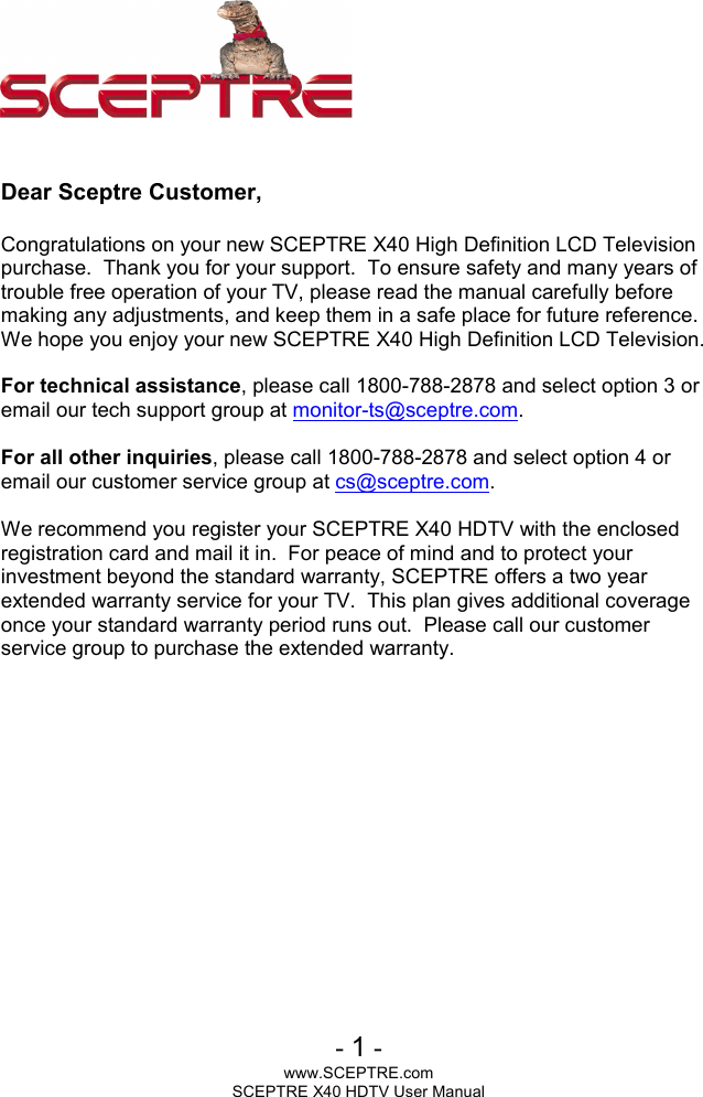 Sceptre Technologies X40 Users Manual X40BV FULLHD