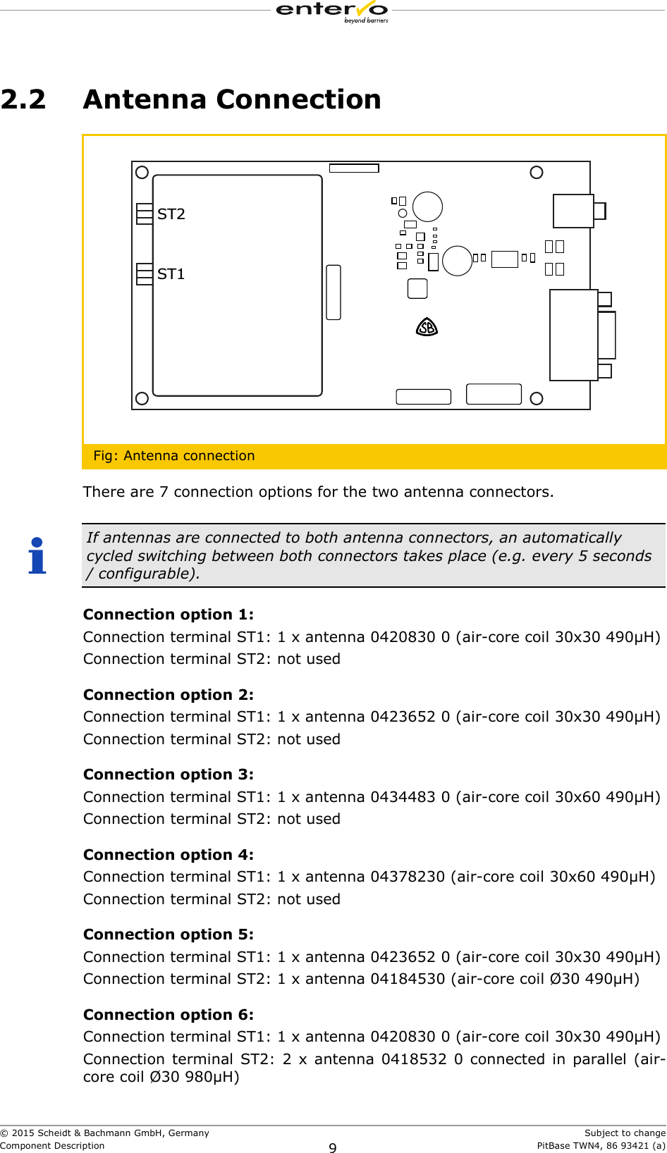 © 2015 Scheidt &amp; Bachmann GmbH, Germany    Subject to changeComponent Description 9 PitBase TWN4, 86 93421 (a) 2.2 Antenna Connection    Fig: Antenna connection There are 7 connection options for the two antenna connectors.        If antennas are connected to both antenna connectors, an automatically cycled switching between both connectors takes place (e.g. every 5 seconds / configurable). Connection option 1: Connection terminal ST1: 1 x antenna 0420830 0 (air-core coil 30x30 490μH) Connection terminal ST2: not used Connection option 2: Connection terminal ST1: 1 x antenna 0423652 0 (air-core coil 30x30 490μH) Connection terminal ST2: not used Connection option 3:  Connection terminal ST1: 1 x antenna 0434483 0 (air-core coil 30x60 490μH) Connection terminal ST2: not used Connection option 4:  Connection terminal ST1: 1 x antenna 04378230 (air-core coil 30x60 490μH) Connection terminal ST2: not used Connection option 5: Connection terminal ST1: 1 x antenna 0423652 0 (air-core coil 30x30 490μH) Connection terminal ST2: 1 x antenna 04184530 (air-core coil Ø30 490μH) Connection option 6:  Connection terminal ST1: 1 x antenna 0420830 0 (air-core coil 30x30 490μH) Connection terminal ST2: 2 x antenna 0418532 0 connected in parallel (air-core coil Ø30 980μH) ST2ST1