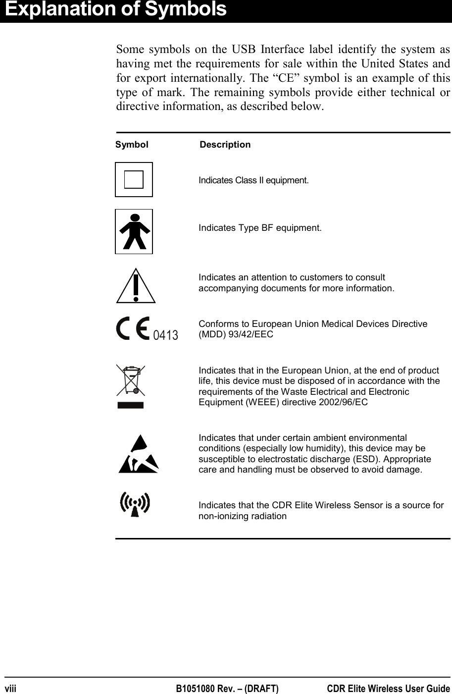  viii  B1051080 Rev. – (DRAFT)  CDR Elite Wireless User Guide Explanation of Symbols Some symbols on the USB Interface label identify the system as having met the requirements for sale within the United States and for export internationally. The “CE” symbol is an example of this type of mark. The remaining symbols provide either technical or directive information, as described below.  Symbol Description  Indicates Class II equipment.  Indicates Type BF equipment.  Indicates an attention to customers to consult accompanying documents for more information.   Conforms to European Union Medical Devices Directive (MDD) 93/42/EEC  Indicates that in the European Union, at the end of product life, this device must be disposed of in accordance with the requirements of the Waste Electrical and Electronic Equipment (WEEE) directive 2002/96/EC  Indicates that under certain ambient environmental conditions (especially low humidity), this device may be susceptible to electrostatic discharge (ESD). Appropriate care and handling must be observed to avoid damage.   Indicates that the CDR Elite Wireless Sensor is a source for non-ionizing radiation  