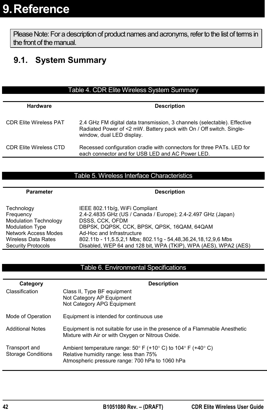  42  B1051080 Rev. – (DRAFT)  CDR Elite Wireless User Guide 9. Reference Please Note: For a description of product names and acronyms, refer to the list of terms in the front of the manual. 9.1.  System Summary  Table 4. CDR Elite Wireless System Summary Hardware   Description  CDR Elite Wireless PAT  2.4 GHz FM digital data transmission, 3 channels (selectable). Effective Radiated Power of &lt;2 mW. Battery pack with On / Off switch. Single-window, dual LED display.   CDR Elite Wireless CTD  Recessed configuration cradle with connectors for three PATs. LED for each connector and for USB LED and AC Power LED.   Table 5. Wireless Interface Characteristics Parameter   Description  Technology  IEEE 802.11b/g, WiFi Compliant Frequency  2.4-2.4835 GHz (US / Canada / Europe); 2.4-2.497 GHz (Japan) Modulation Technology  DSSS, CCK, OFDM Modulation Type  DBPSK, DQPSK, CCK, BPSK, QPSK, 16QAM, 64QAM Network Access Modes  Ad-Hoc and Infrastructure  Wireless Data Rates  802.11b - 11,5.5,2,1 Mbs; 802.11g - 54,48,36,24,18,12,9,6 Mbs Security Protocols  Disabled, WEP 64 and 128 bit, WPA (TKIP), WPA (AES), WPA2 (AES)  Table 6. Environmental Specifications Category   Description Classification  Class II, Type BF equipment   Not Category AP Equipment  Not Category APG Equipment  Mode of Operation  Equipment is intended for continuous use  Additional Notes   Transport and Storage Conditions Equipment is not suitable for use in the presence of a Flammable Anesthetic Mixture with Air or with Oxygen or Nitrous Oxide.  Ambient temperature range: 50° F (+10° C) to 104° F (+40° C) Relative humidity range: less than 75% Atmospheric pressure range: 700 hPa to 1060 hPa   