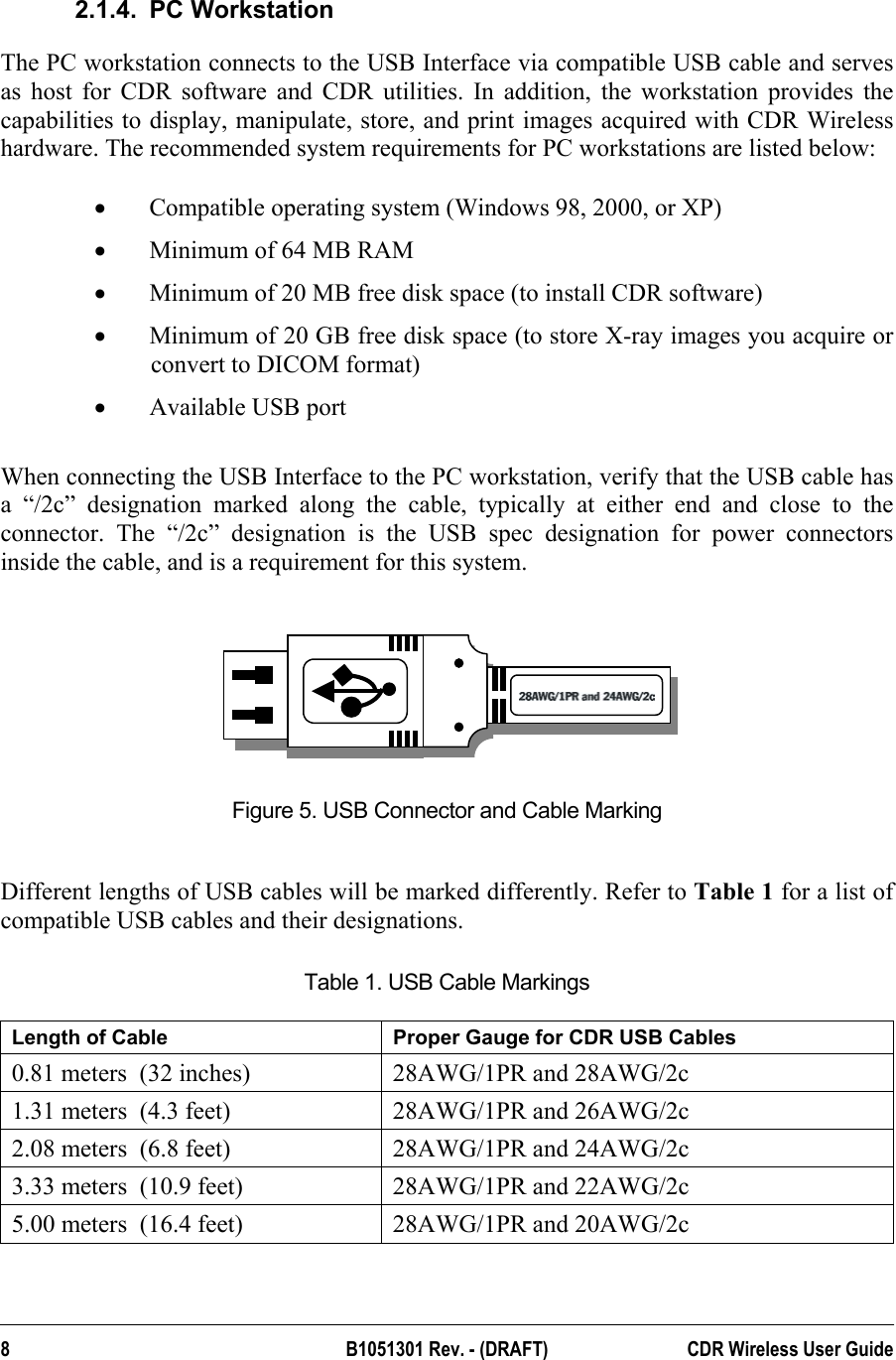  2.1.4. PC Workstation The PC workstation connects to the USB Interface via compatible USB cable and serves as host for CDR software and CDR utilities. In addition, the workstation provides the capabilities to display, manipulate, store, and print images acquired with CDR Wireless hardware. The recommended system requirements for PC workstations are listed below:  •  Compatible operating system (Windows 98, 2000, or XP) •  Minimum of 64 MB RAM •  Minimum of 20 MB free disk space (to install CDR software) •  Minimum of 20 GB free disk space (to store X-ray images you acquire or convert to DICOM format) •  Available USB port   When connecting the USB Interface to the PC workstation, verify that the USB cable has a “/2c” designation marked along the cable, typically at either end and close to the connector. The “/2c” designation is the USB spec designation for power connectors inside the cable, and is a requirement for this system.   Figure 5. USB Connector and Cable Marking  Different lengths of USB cables will be marked differently. Refer to Table 1 for a list of compatible USB cables and their designations.   Table 1. USB Cable Markings Length of Cable  Proper Gauge for CDR USB Cables  0.81 meters  (32 inches)  28AWG/1PR and 28AWG/2c 1.31 meters  (4.3 feet)  28AWG/1PR and 26AWG/2c 2.08 meters  (6.8 feet)  28AWG/1PR and 24AWG/2c 3.33 meters  (10.9 feet)  28AWG/1PR and 22AWG/2c 5.00 meters  (16.4 feet)  28AWG/1PR and 20AWG/2c  8 B1051301 Rev. - (DRAFT)  CDR Wireless User Guide  