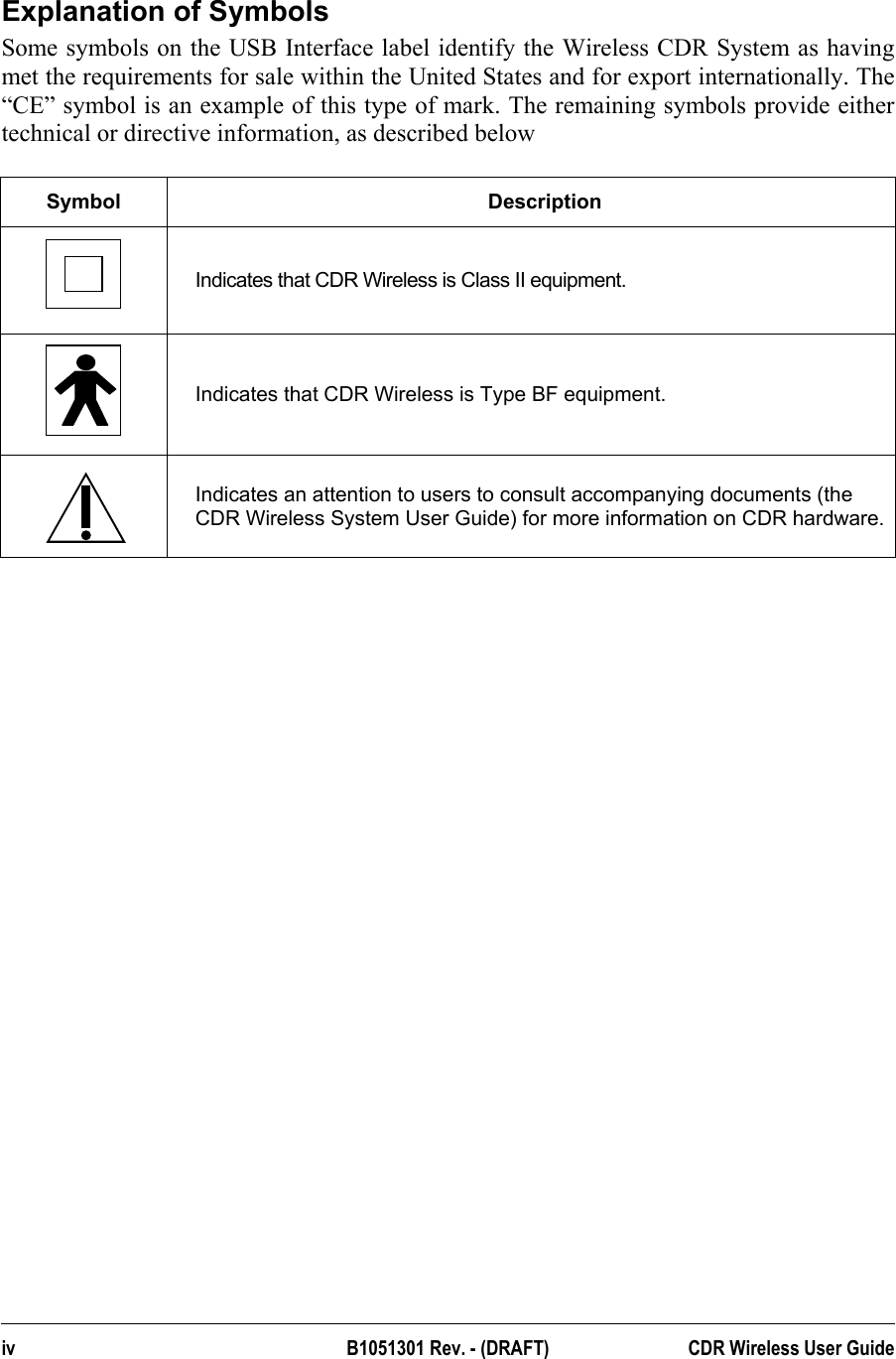  Explanation of Symbols Some symbols on the USB Interface label identify the Wireless CDR System as having met the requirements for sale within the United States and for export internationally. The “CE” symbol is an example of this type of mark. The remaining symbols provide either technical or directive information, as described below  Symbol Description  Indicates that CDR Wireless is Class II equipment.  Indicates that CDR Wireless is Type BF equipment.  Indicates an attention to users to consult accompanying documents (the CDR Wireless System User Guide) for more information on CDR hardware.   iv B1051301 Rev. - (DRAFT)  CDR Wireless User Guide  