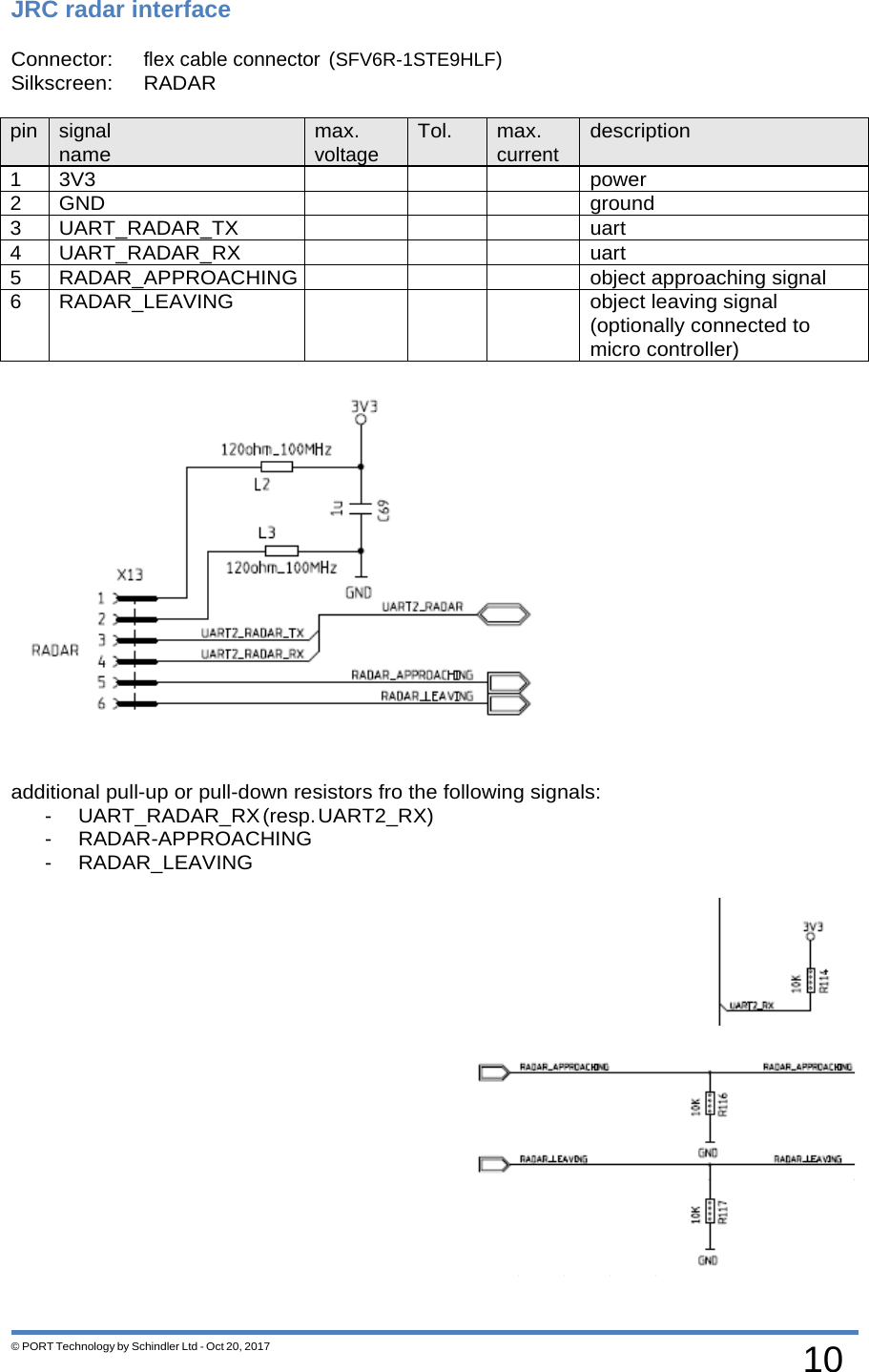 10 © PORT Technology by Schindler Ltd - Oct 20, 2017   JRC radar interface  Connector: flex cable connector (SFV6R-1STE9HLF) Silkscreen: RADAR  pin signal name max. voltage Tol. max. current description 1 3V3    power 2 GND    ground 3 UART_RADAR_TX    uart 4 UART_RADAR_RX    uart 5 RADAR_APPROACHING    object approaching signal 6 RADAR_LEAVING    object leaving signal (optionally connected to micro controller)   additional pull-up or pull-down resistors fro the following signals: - UART_RADAR_RX (resp. UART2_RX) - RADAR-APPROACHING - RADAR_LEAVING   