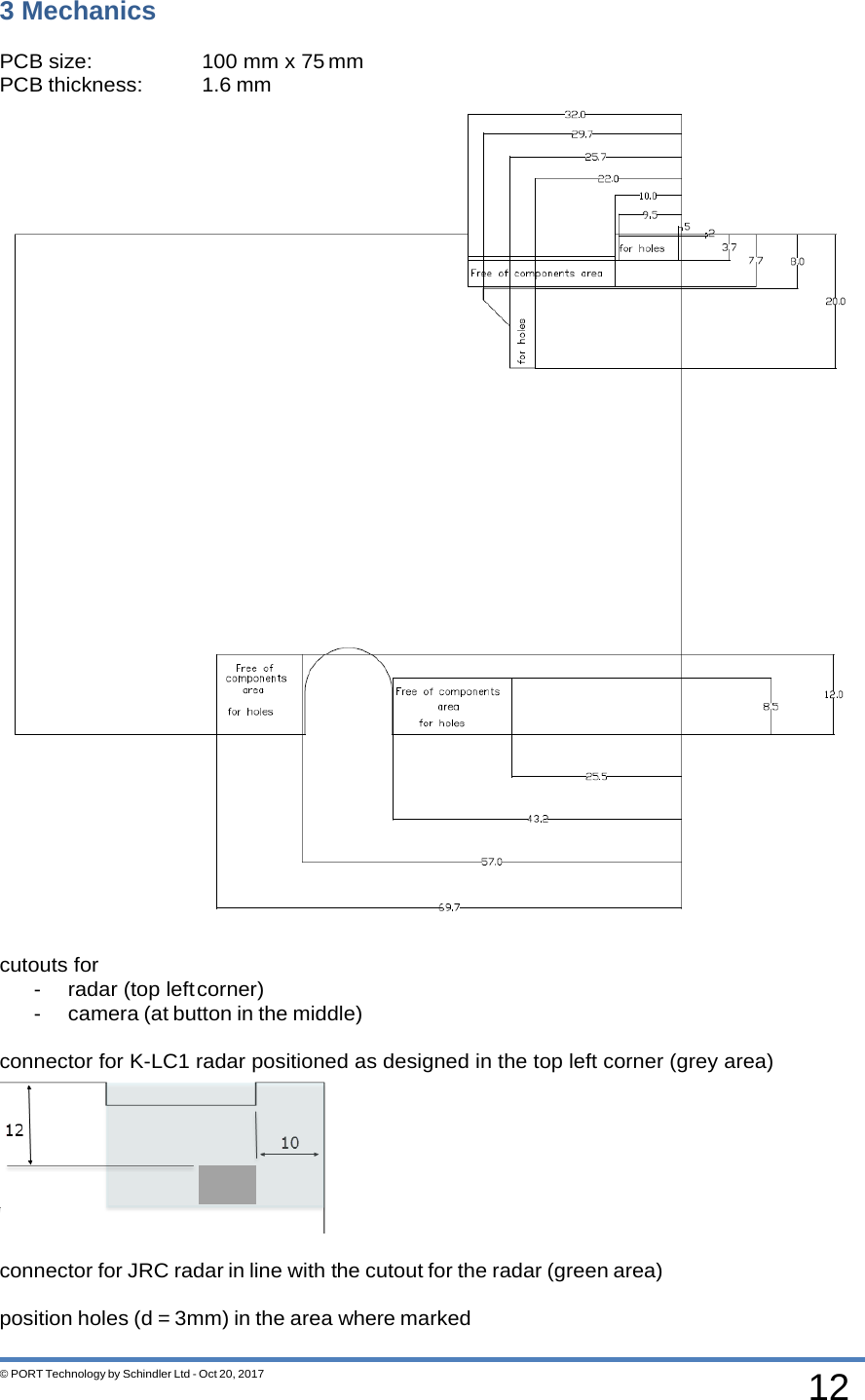 12 © PORT Technology by Schindler Ltd - Oct 20, 2017 3 Mechanics    PCB size: 100 mm x 75 mm PCB thickness: 1.6 mm   cutouts for - radar (top left corner) - camera (at button in the middle)  connector for K-LC1 radar positioned as designed in the top left corner (grey area)   connector for JRC radar in line with the cutout for the radar (green area) position holes (d = 3mm) in the area where marked 
