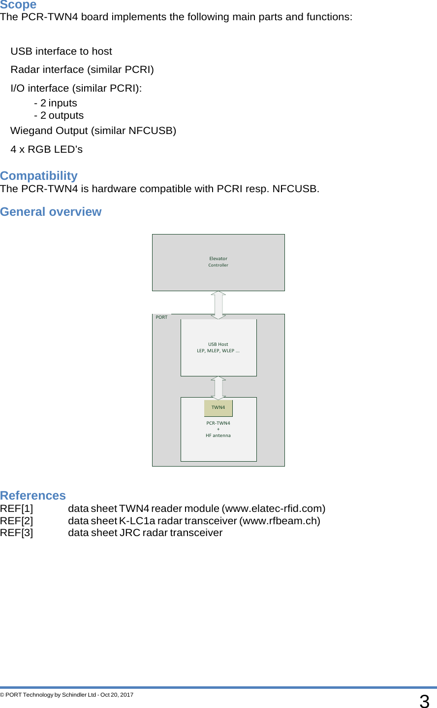 3 © PORT Technology by Schindler Ltd - Oct 20, 2017 Scope   The PCR-TWN4 board implements the following main parts and functions:  USB interface to host Radar interface (similar PCRI) I/O interface (similar PCRI): - 2 inputs - 2 outputs Wiegand Output (similar NFCUSB) 4 x RGB LED’s Compatibility The PCR-TWN4 is hardware compatible with PCRI resp. NFCUSB. General overview   References REF[1] data sheet TWN4 reader module (www.elatec-rfid.com) REF[2] data sheet K-LC1a radar transceiver (www.rfbeam.ch) REF[3] data sheet JRC radar transceiver PORT PCR-TWN4 + HF antenna    Elevator Controller    USB Host LEP, MLEP, WLEP ... TWN4 