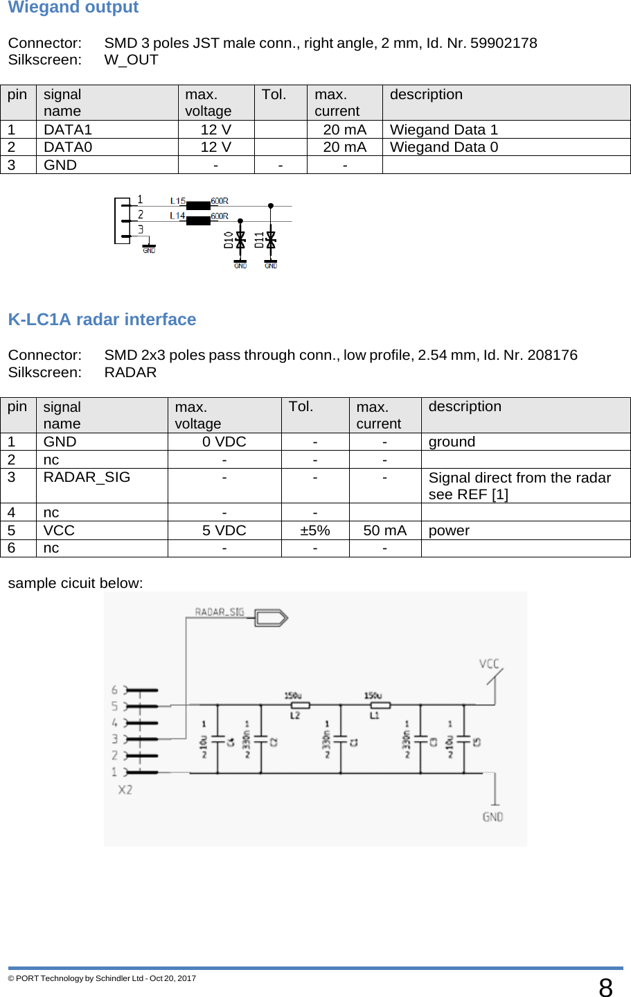8 © PORT Technology by Schindler Ltd - Oct 20, 2017 Wiegand output Connector: SMD 3 poles JST male conn., right angle, 2 mm, Id. Nr. 59902178   Silkscreen: W_OUT  pin signal name max. voltage Tol. max. current description 1 DATA1 12 V  20 mA Wiegand Data 1 2 DATA0 12 V  20 mA Wiegand Data 0 3 GND - - -     K-LC1A radar interface  Connector: SMD 2x3 poles pass through conn., low profile, 2.54 mm, Id. Nr. 208176 Silkscreen: RADAR  pin signal name max. voltage Tol. max. current description 1 GND 0 VDC - - ground 2 nc - - -  3 RADAR_SIG - - - Signal direct from the radar see REF [1] 4 nc - -   5 VCC 5 VDC ±5% 50 mA power 6 nc - - -   sample cicuit below:  