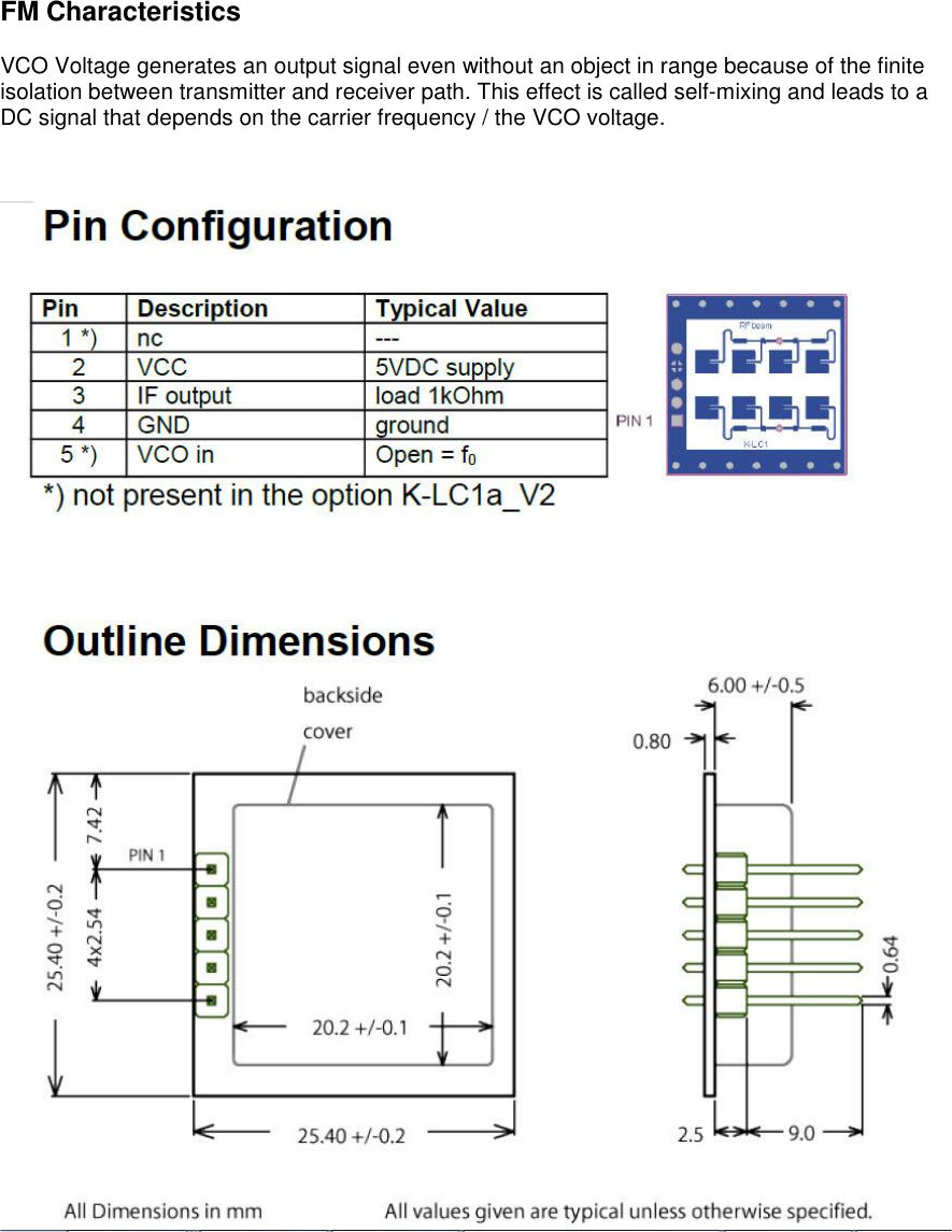 FM CharacteristicsVCO Voltage generates an output signal even without an object in range because of the finiteisolation between transmitter and receiver path. This effect is called self-mixing and leads to aDC signal that depends on the carrier frequency / the VCO voltage.