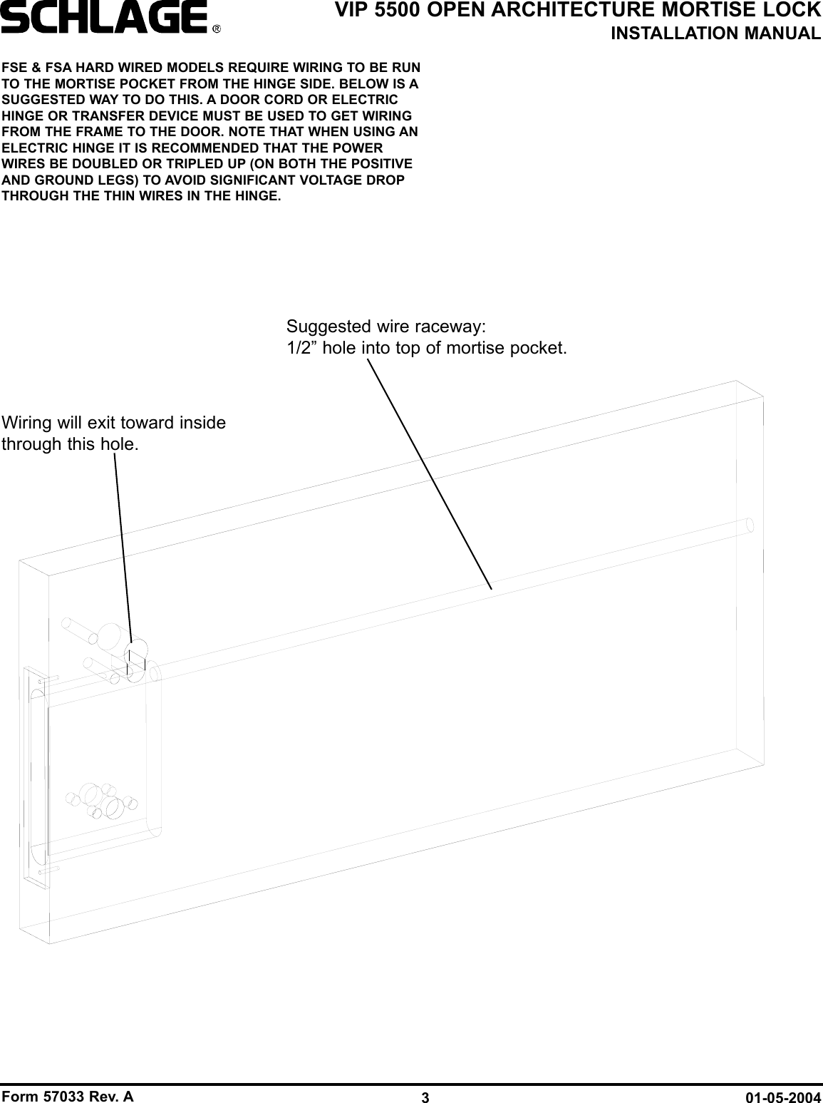 Form 57033 Rev. A 01-05-20043VIP 5500 OPEN ARCHITECTURE MORTISE LOCKINSTALLATION MANUALSuggested wire raceway:1/2” hole into top of mortise pocket.Wiring will exit toward insidethrough this hole.FSE &amp; FSA HARD WIRED MODELS REQUIRE WIRING TO BE RUNTO THE MORTISE POCKET FROM THE HINGE SIDE. BELOW IS ASUGGESTED WAY TO DO THIS. A DOOR CORD OR ELECTRICHINGE OR TRANSFER DEVICE MUST BE USED TO GET WIRINGFROM THE FRAME TO THE DOOR. NOTE THAT WHEN USING ANELECTRIC HINGE IT IS RECOMMENDED THAT THE POWERWIRES BE DOUBLED OR TRIPLED UP (ON BOTH THE POSITIVEAND GROUND LEGS) TO AVOID SIGNIFICANT VOLTAGE DROPTHROUGH THE THIN WIRES IN THE HINGE.