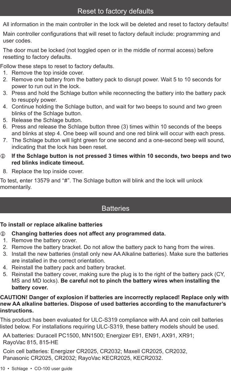 Schlage Electronics CO 100 User Guide 104210