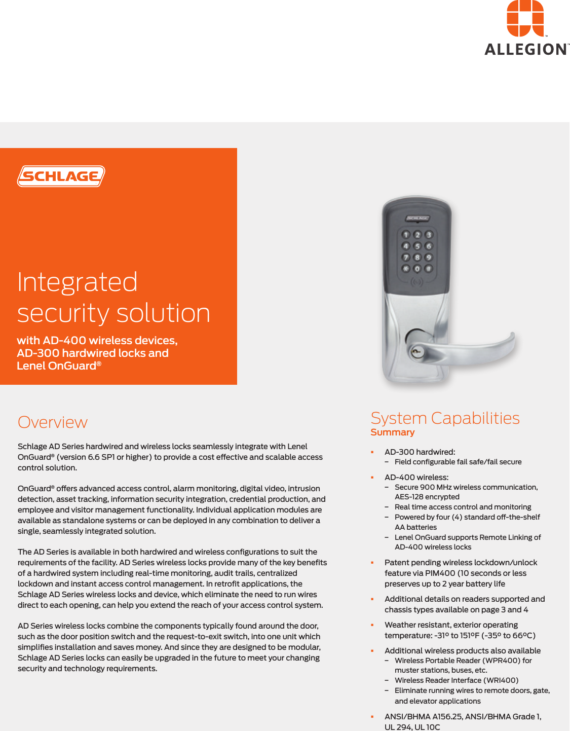 Page 1 of 4 - Schlage Electronics  Solution Sheet Lenel AD 300 400 105080