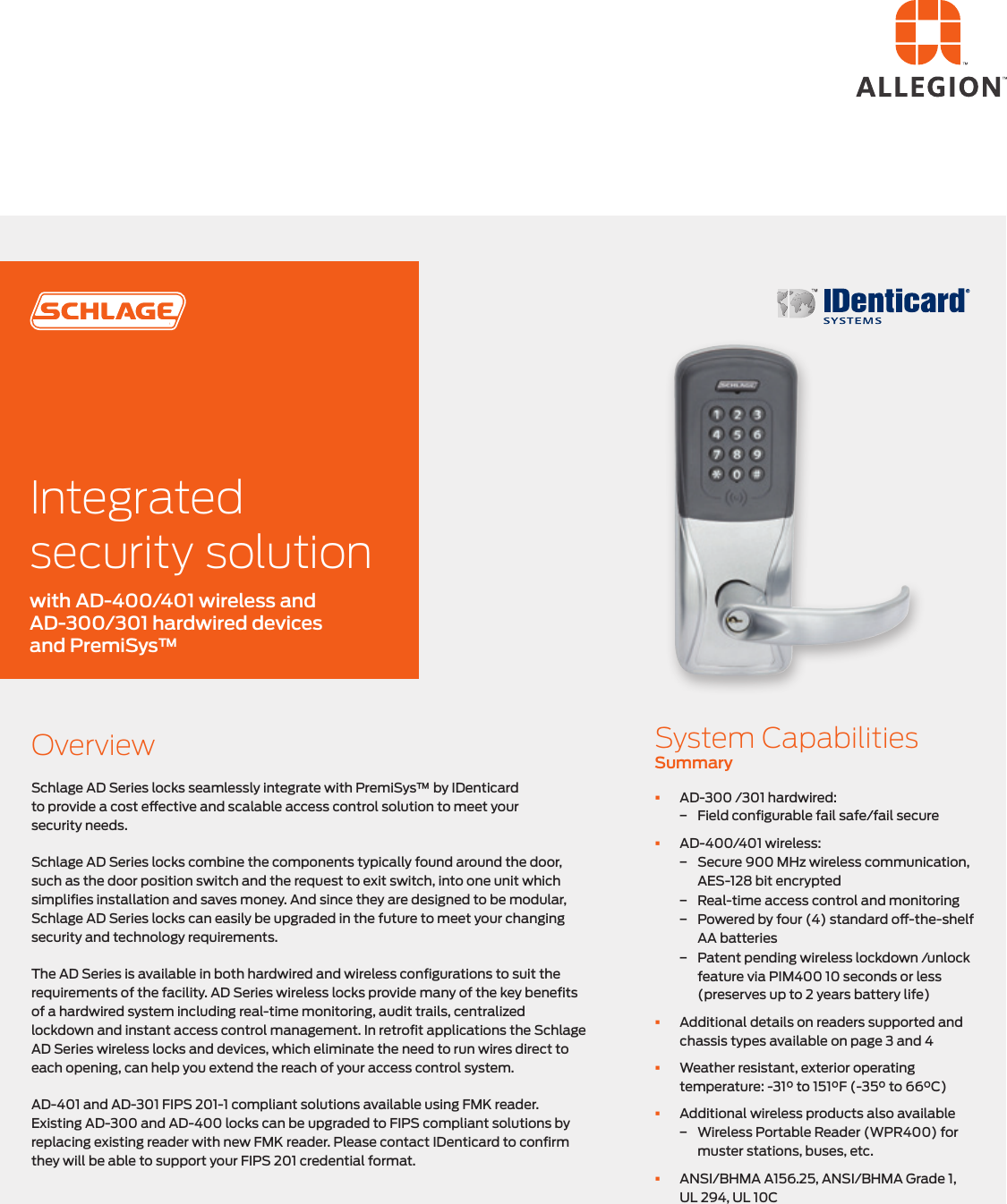 Page 1 of 4 - Schlage Electronics  Solution Sheet IDenticard AD 300 400 105628