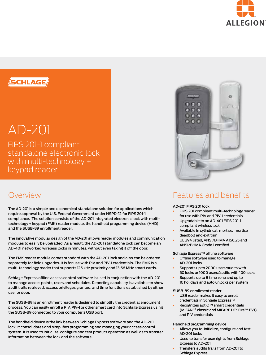 Schlage Electronics Ad 201 Data Sheet 109820