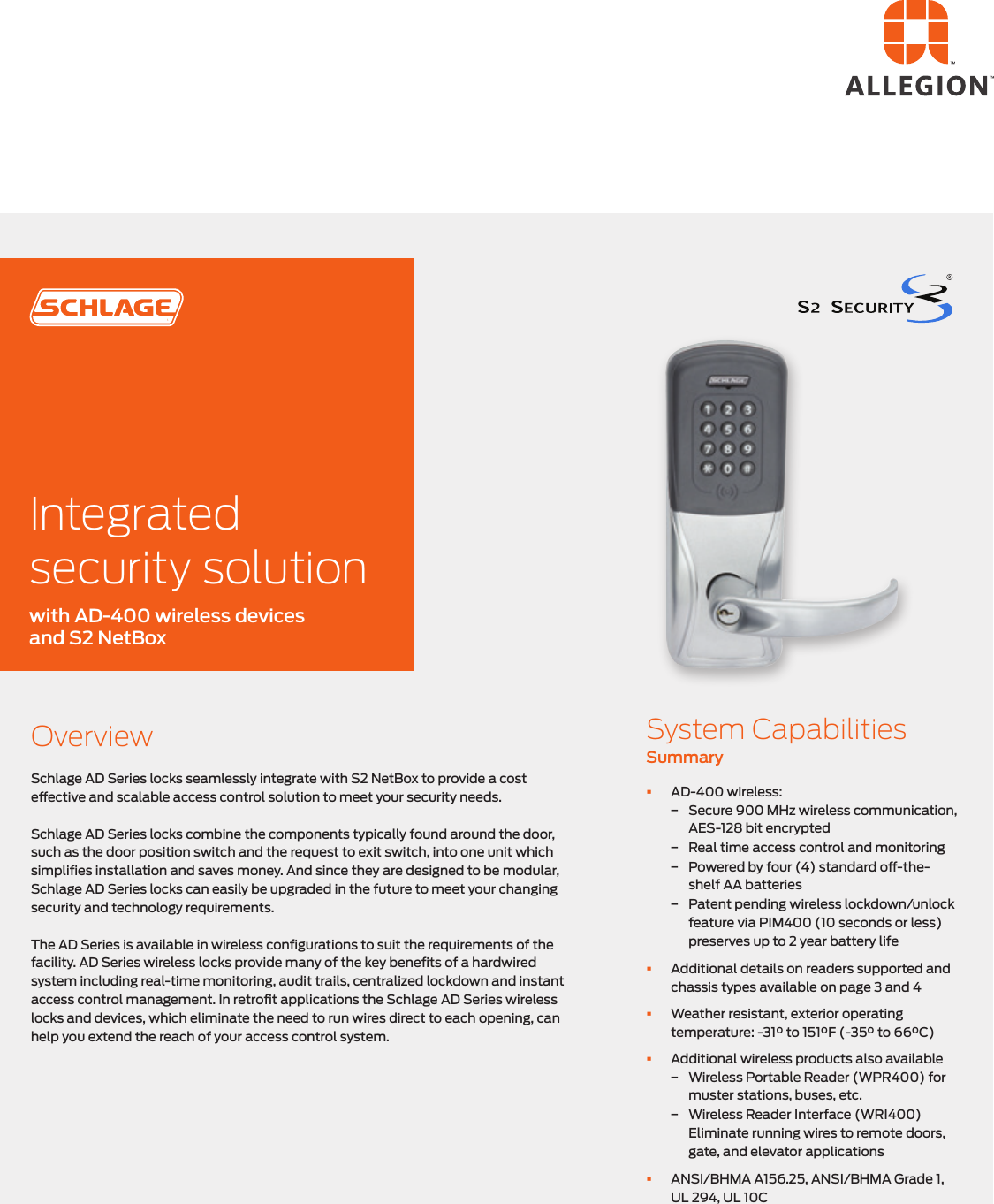 Page 1 of 4 - Schlage Electronics  S2 Security Access Control Solution Sheet With AD-400 109822