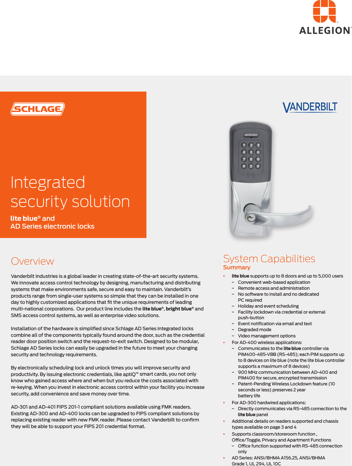 Schlage Electronics Vanderbilt Lite Blue Integrated Access Control