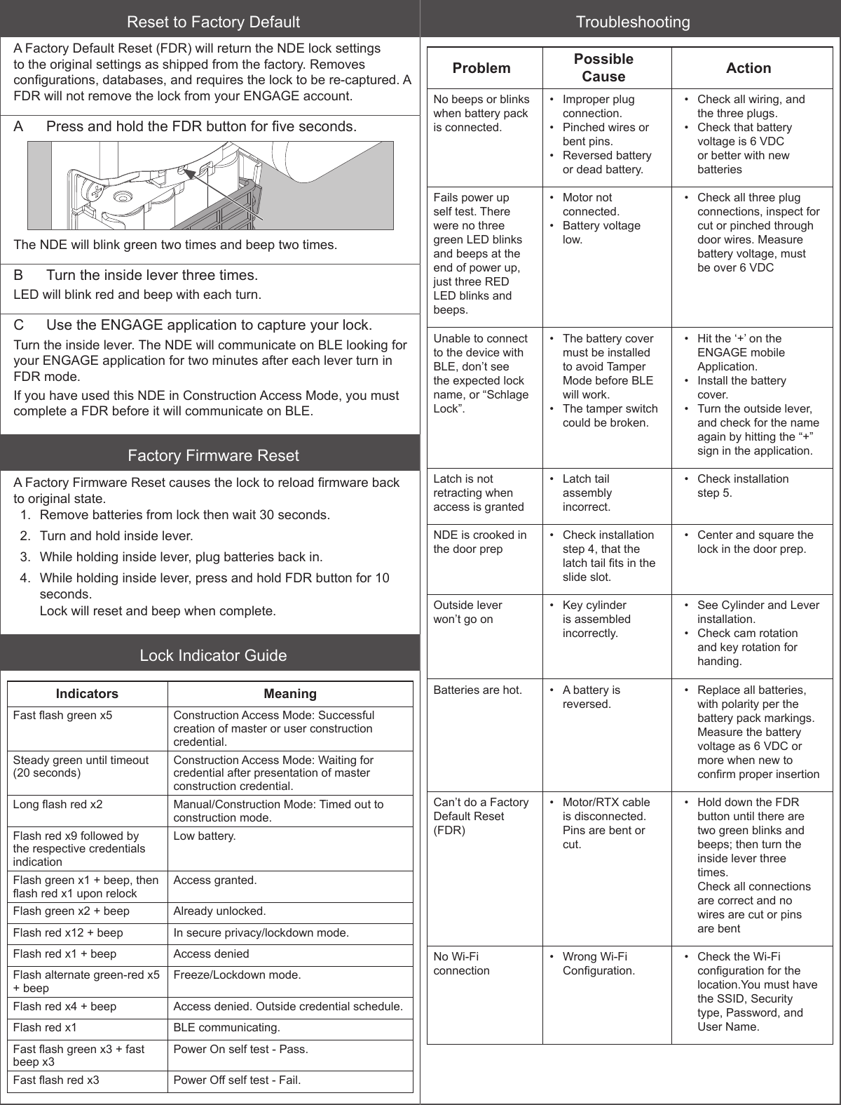 Reset to Factory DefaultA Factory Default Reset (FDR) will return the NDE lock settings to the original settings as shipped from the factory. Removes congurations, databases, and requires the lock to be re-captured. A FDR will not remove the lock from your ENGAGE account.A  Press and hold the FDR button for ve seconds.The NDE will blink green two times and beep two times.B  Turn the inside lever three times.LED will blink red and beep with each turn.C  Use the ENGAGE application to capture your lock.Turn the inside lever. The NDE will communicate on BLE looking for your ENGAGE application for two minutes after each lever turn in FDR mode.If you have used this NDE in Construction Access Mode, you must complete a FDR before it will communicate on BLE.Factory Firmware ResetA Factory Firmware Reset causes the lock to reload rmware back to original state.1.  Remove batteries from lock then wait 30 seconds.2.  Turn and hold inside lever.3.  While holding inside lever, plug batteries back in.4.  While holding inside lever, press and hold FDR button for 10 seconds.Lock will reset and beep when complete.Lock Indicator GuideIndicators MeaningFast ash green x5 Construction Access Mode: Successful creation of master or user construction credential.Steady green until timeout (20 seconds)Construction Access Mode: Waiting for credential after presentation of master construction credential.Long ash red x2 Manual/Construction Mode: Timed out to construction mode.Flash red x9 followed by the respective credentials indicationLow battery.Flash green x1 + beep, then ash red x1 upon relockAccess granted.Flash green x2 + beep Already unlocked.Flash red x12 + beep In secure privacy/lockdown mode.Flash red x1 + beep Access deniedFlash alternate green-red x5 + beepFreeze/Lockdown mode.Flash red x4 + beep Access denied. Outside credential schedule.Flash red x1 BLE communicating.Fast ash green x3 + fast beep x3Power On self test - Pass.Fast ash red x3 Power Off self test - Fail.TroubleshootingProblem Possible  Cause ActionNo beeps or blinks when battery pack is connected.•  Improper plug connection.•  Pinched wires or bent pins.•  Reversed battery or dead battery.•  Check all wiring, and the three plugs.•  Check that battery voltage is 6 VDC or better with new batteriesFails power up self test. There were no three green LED blinks and beeps at the end of power up, just three RED LED blinks and beeps.•  Motor not connected.•  Battery voltage low.•  Check all three plug connections, inspect for cut or pinched through door wires. Measure battery voltage, must be over 6 VDCUnable to connect to the device with BLE, don’t see the expected lock name, or “Schlage Lock”.•  The battery cover must be installed to avoid Tamper Mode before BLE will work.•  The tamper switch could be broken.•  Hit the ‘+’ on the ENGAGE mobile Application.•  Install the battery cover.•  Turn the outside lever, and check for the name again by hitting the “+” sign in the application.Latch is not retracting when access is granted•  Latch tail assembly incorrect.•  Check installation step 5.NDE is crooked in the door prep •  Check installation step 4, that the latch tail ts in the slide slot.•  Center and square the lock in the door prep.Outside lever won’t go on•  Key cylinder is assembled incorrectly.•  See Cylinder and Lever installation.•  Check cam rotation and key rotation for handing.Batteries are hot. •  A battery is reversed.•  Replace all batteries, with polarity per the battery pack markings. Measure the battery voltage as 6 VDC or more when new to conrm proper insertionCan’t do a Factory Default Reset (FDR)•  Motor/RTX cable is disconnected. Pins are bent or cut.•  Hold down the FDR button until there are two green blinks and beeps; then turn the inside lever three times. Check all connections are correct and no wires are cut or pins are bentNo Wi-Fi connection•  Wrong Wi-Fi Conguration.•  Check the Wi-Fi conguration for the location.You must have the SSID, Security type, Password, and User Name.