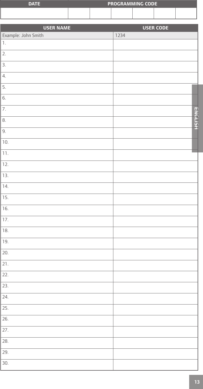 13ENGLISHDATE PROGRAMMING CODEUSER NAME USER CODEExample: John Smith 12341.  2.  3.  4.  5.  6.  7.  8.  9.  10.  11.  12.  13.  14.  15.  16.  17.  18.  19.  20.  21.  22.  23.  24.  25.  26.  27.  28.  29.  30.  