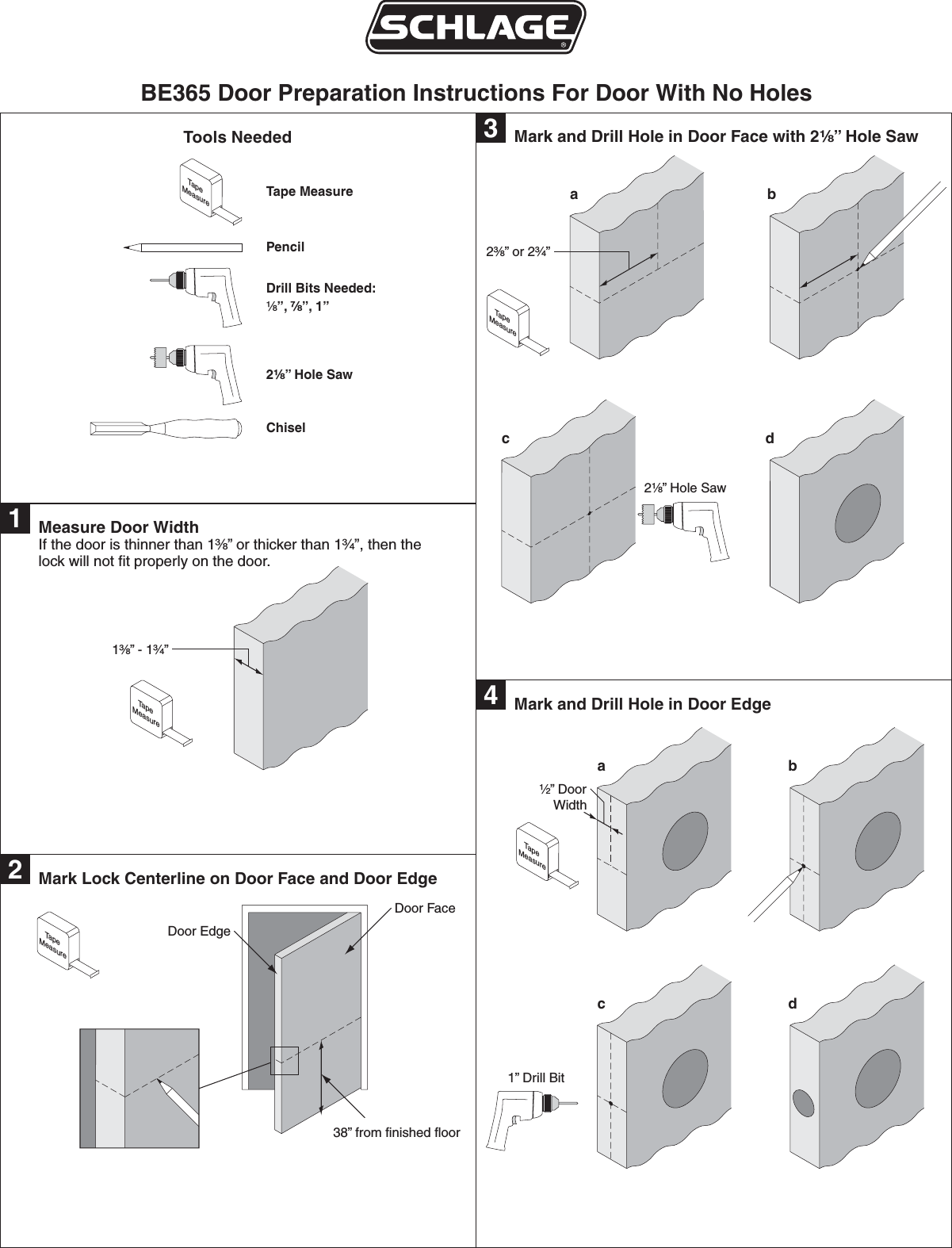 Page 1 of 2 - Schlage Residential 07062-b.unlocked BE365 - Keypad Deadbolt Door Preparation Instructions For With No Holes 07062-b