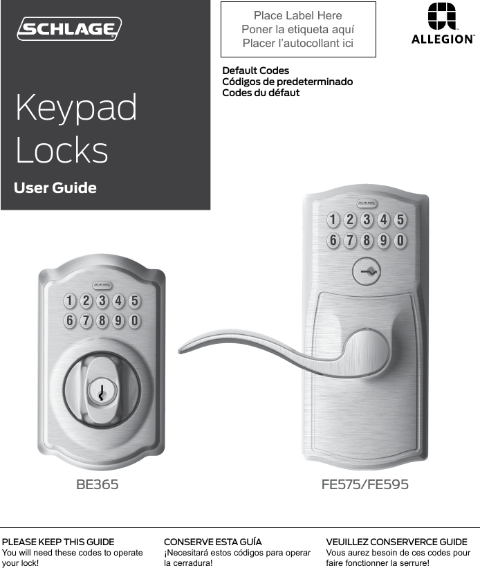 Schlage Residential BE365, FE575, FE595 Keypad Locks User Guide 23780042